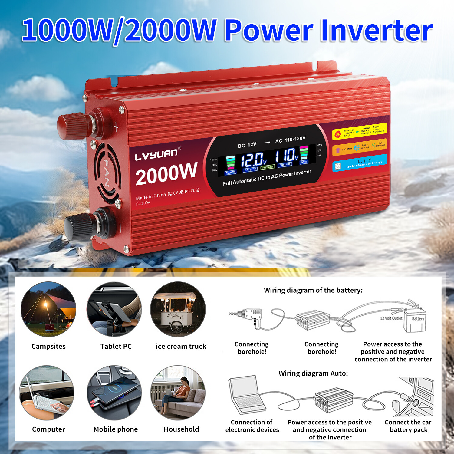 1000W 2000W Power Inverter LCD 2USB 2AC 12V to 110V Converter Adapter Off-gird