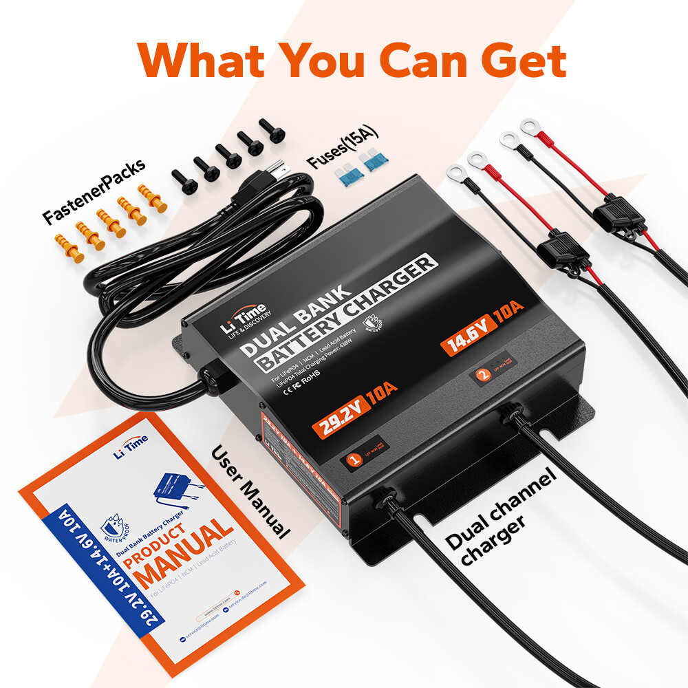 LiTime 14.6V 10A+29.2V 10A Dual Bank Battery Charger for LiFePO4 Lead Acid NCM