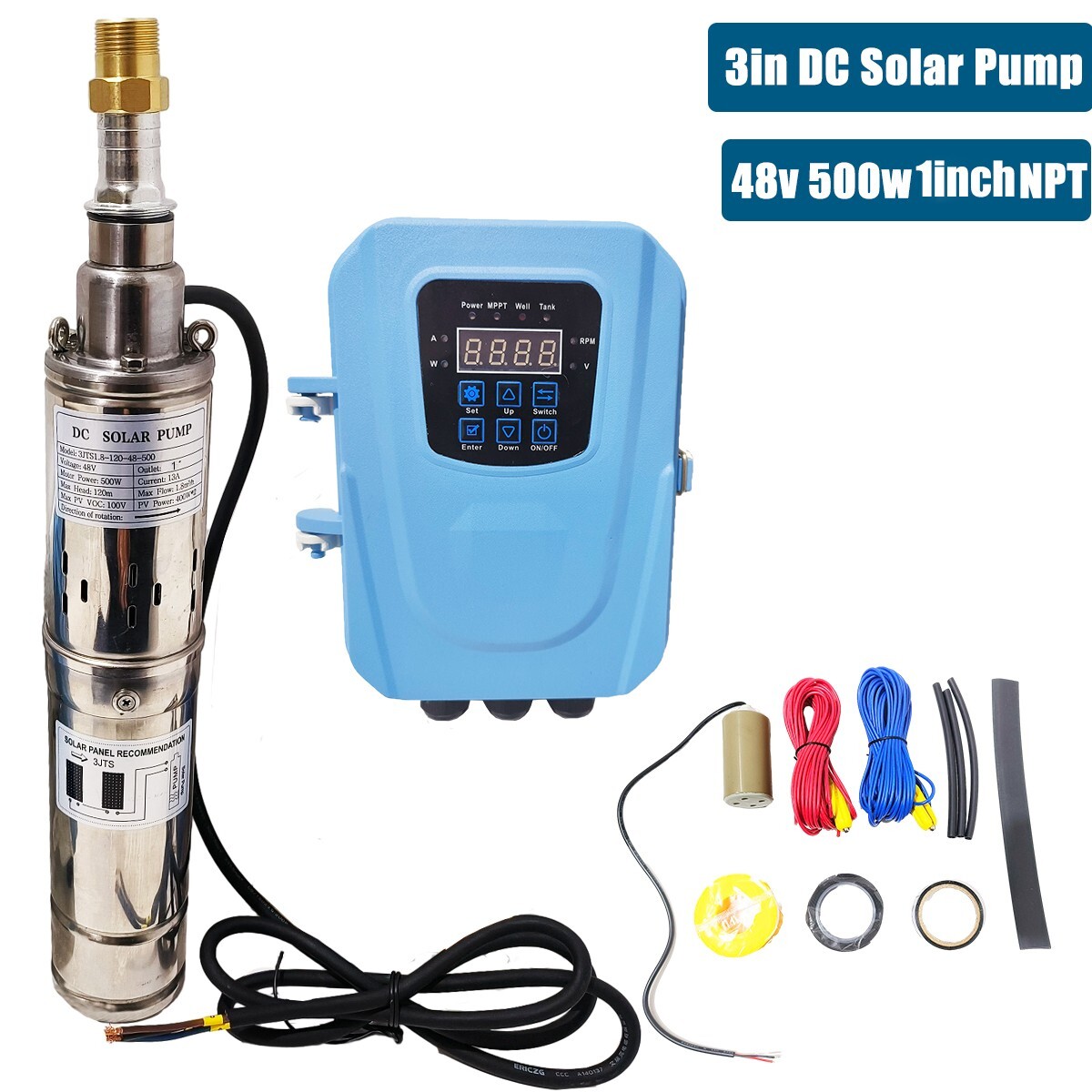 3″ Solar Pump Submersible Pump Bore DC 48V 500W Deep Well Pump + MPPT Controller