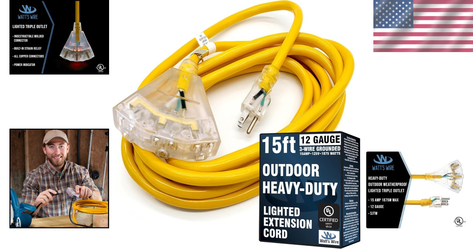 Lighted 15ft Heavy Duty Outdoor Extension Cord – Waterproof & Abrasion Resistant