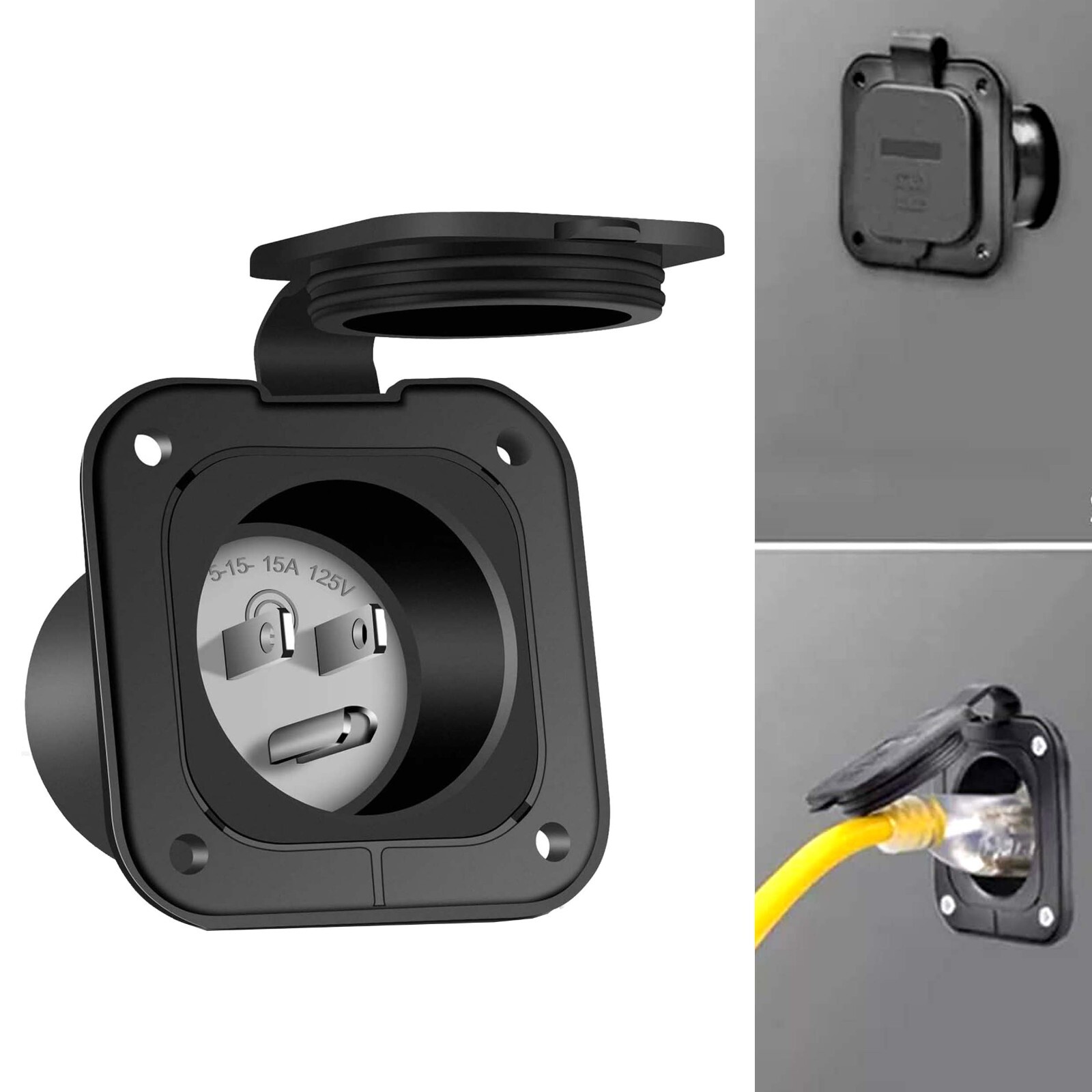 NEMA 5-15 RV Shore 125V Power Inlet Plug Port w/Waterproof Cap 15A Flanged Inlet