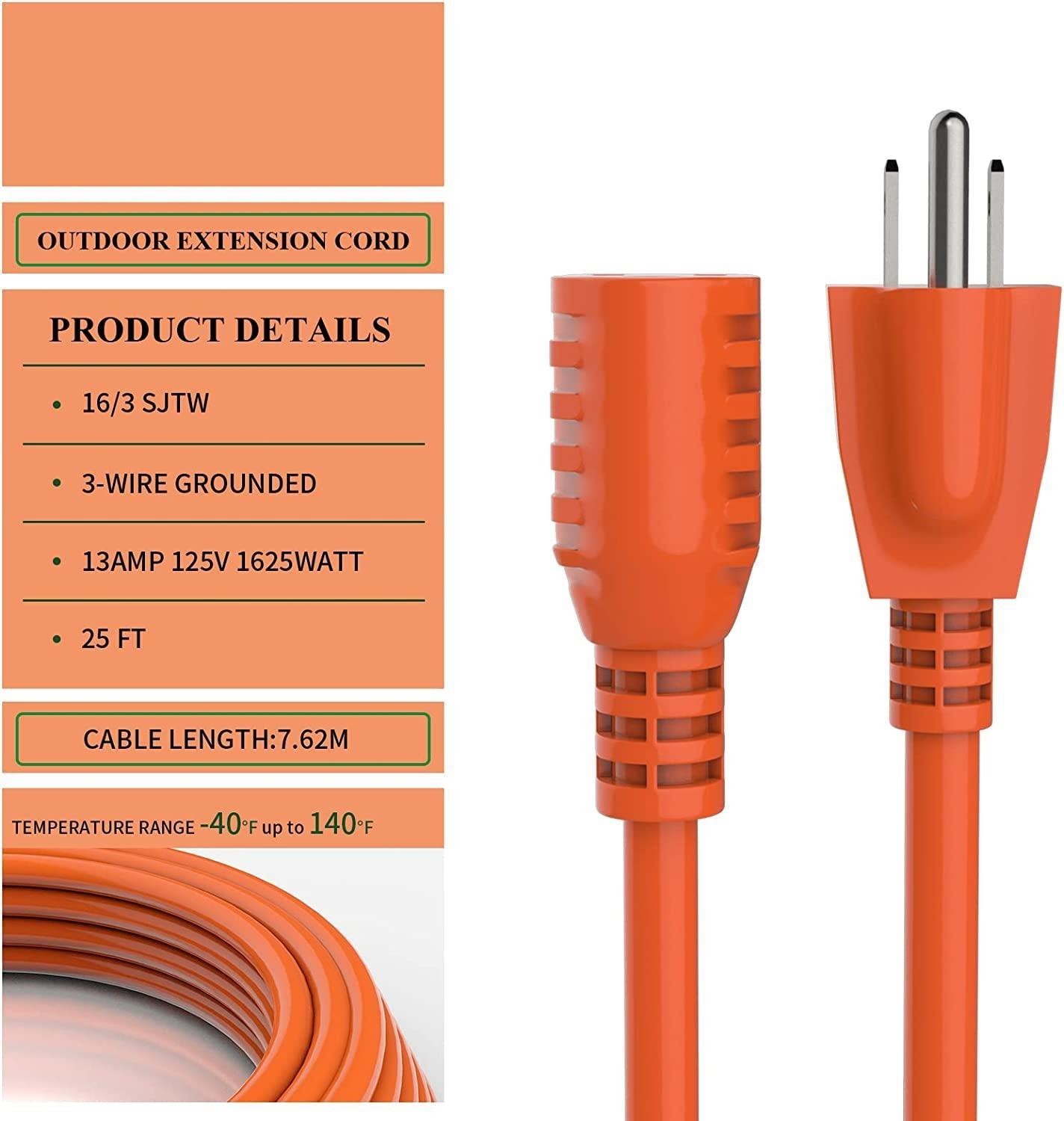 6-100 FT Heavy Duty 16/3 Outdoor Extension Cord Waterproof 13 A 1875W ETL Listed