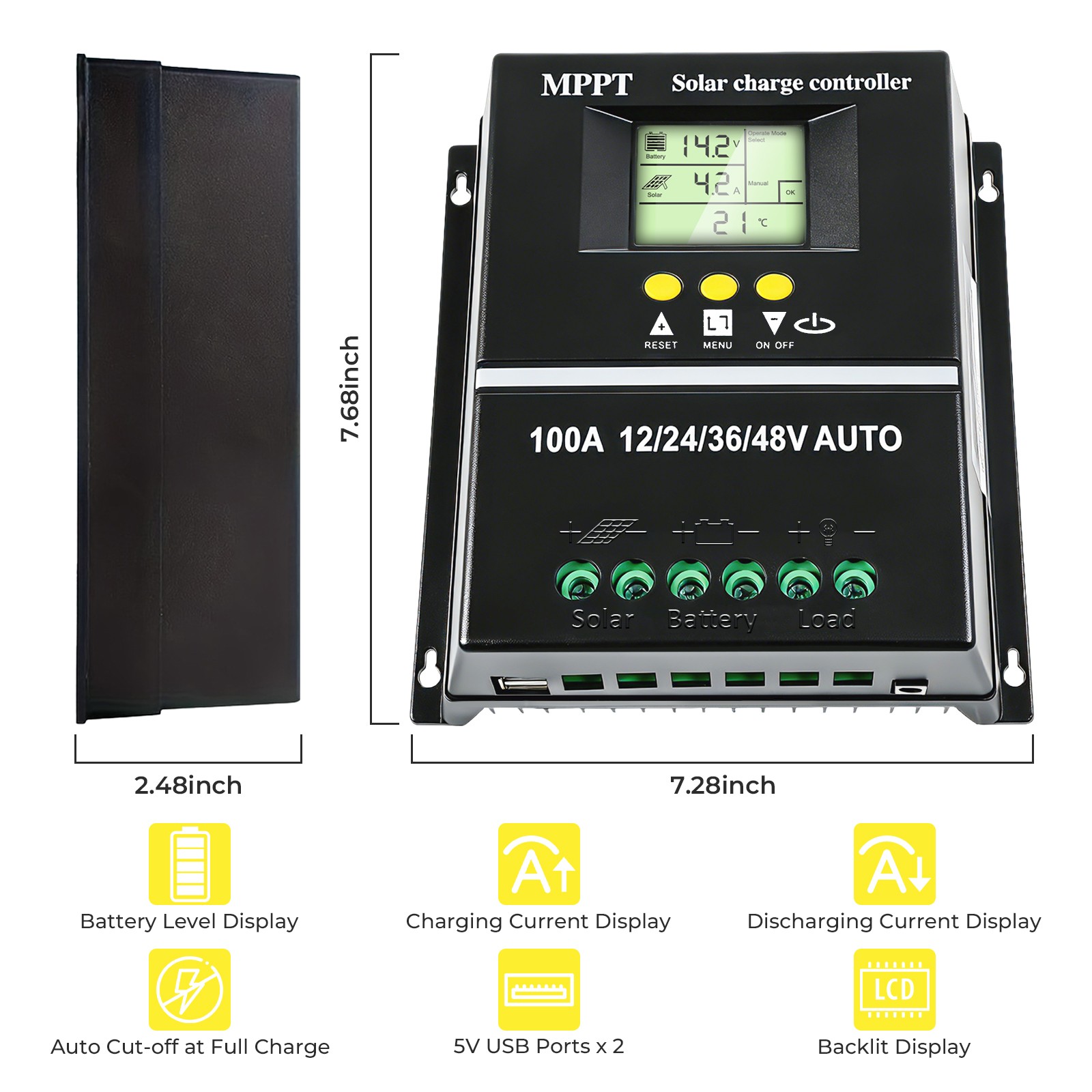 100A 12V/24V/36V/48V Solar Charge Controller Tools LCD Dual USB for Battery