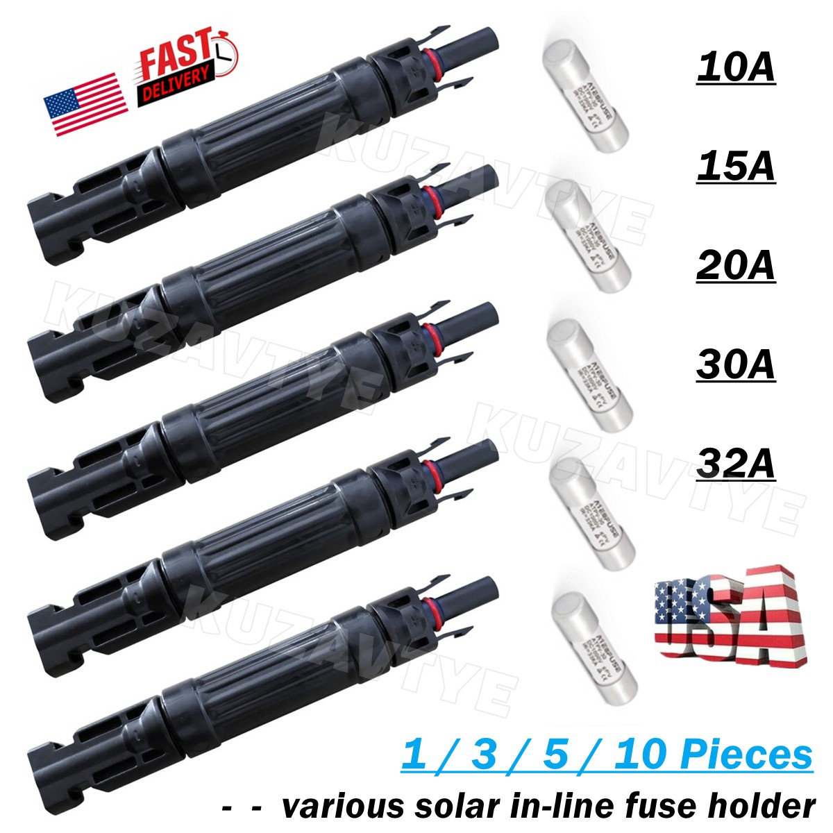 10/15/20/30/32A Quick Release in-line Fuse Holder Solar Panel Connectors w/Fuses