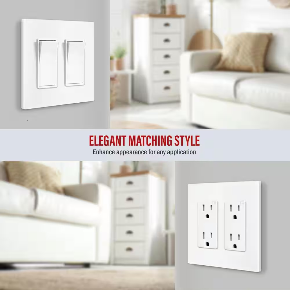 White 2-Gang, Decorator/Rocker, Plastic Polycarbonate, Screwless Wall Plate (5-P