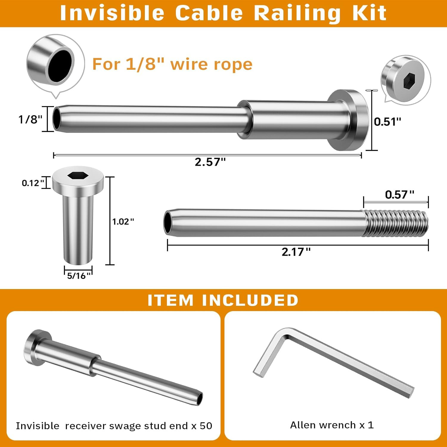 Invisible Cable Railing Kit – 50 Pack 1/8″ T316 Stainless Steel Invisible Receiv