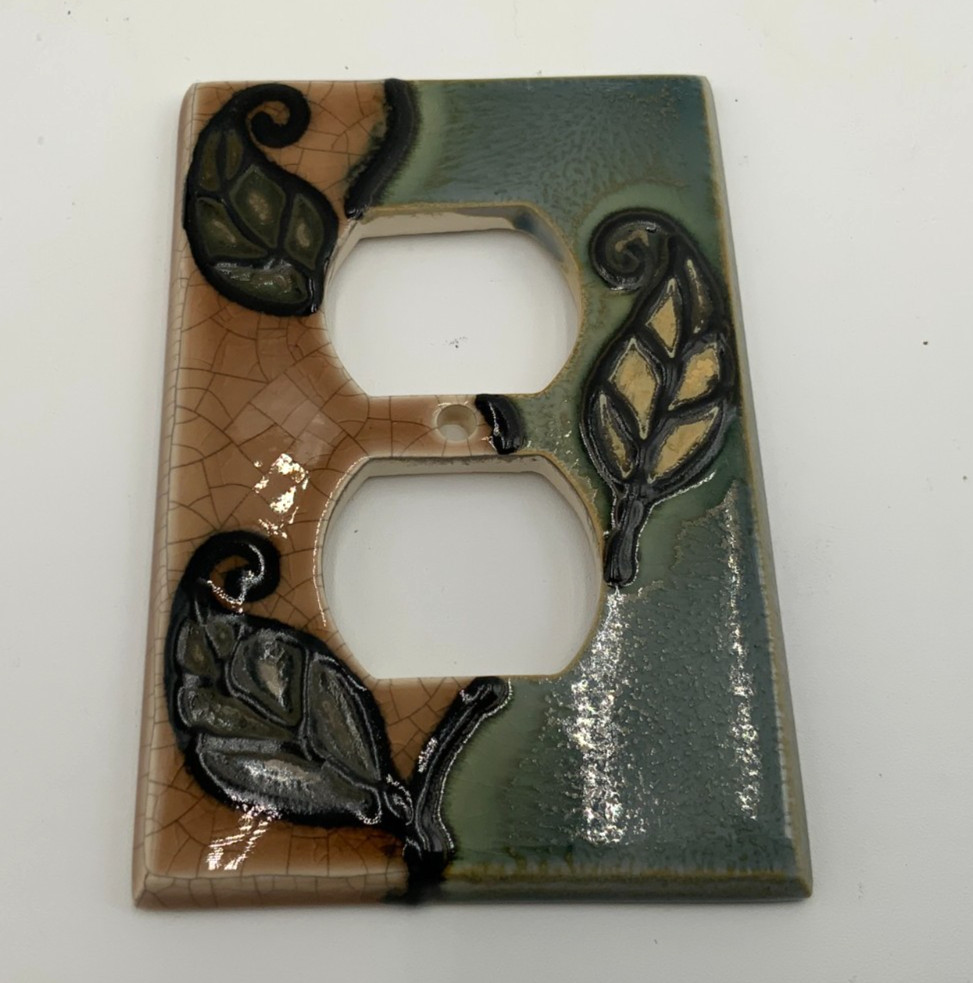 All Fired Up Hand Painted Ceramic Electric Duplex Outlet Plate Earthy Leaves