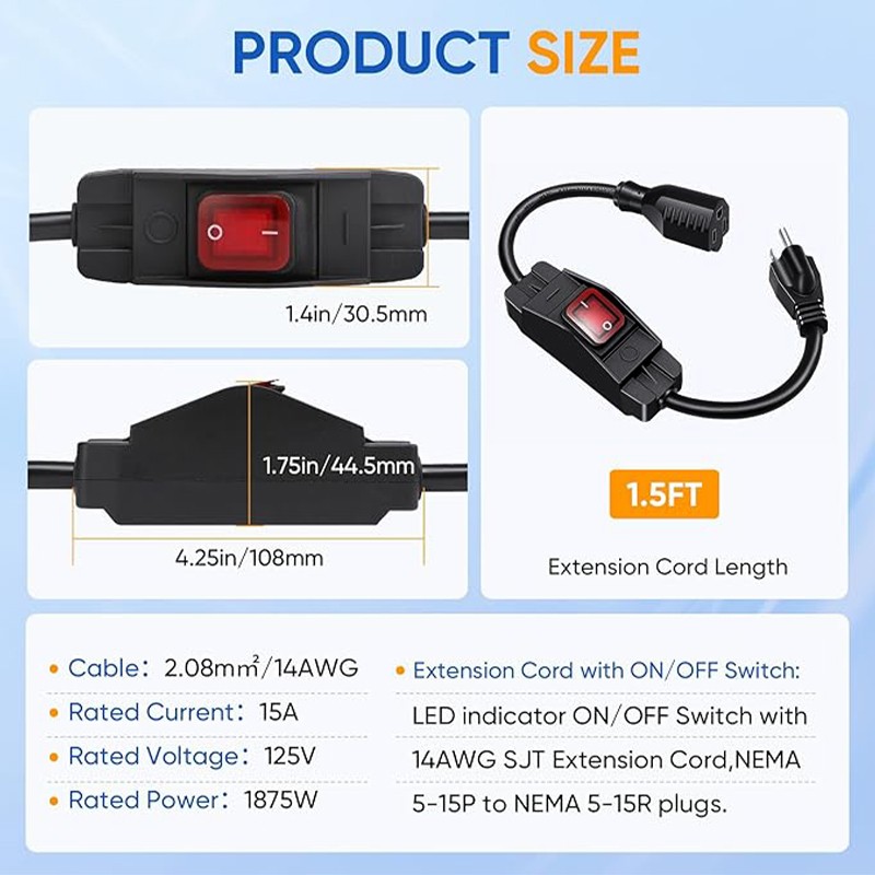 3-Prong Extension Cord 1875W Heavy Duty Waterproof 14AWG Cable w/ ON OFF Switch