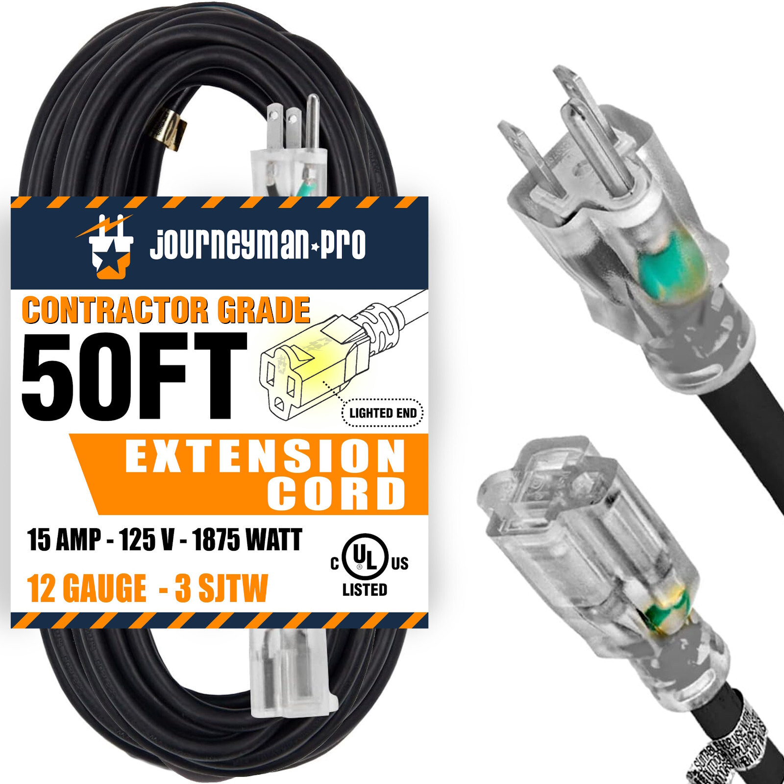 50 Foot 12AWG 15 AMP BLACK Light Up Outdoor Heavy Duty Extension Cord 50ft