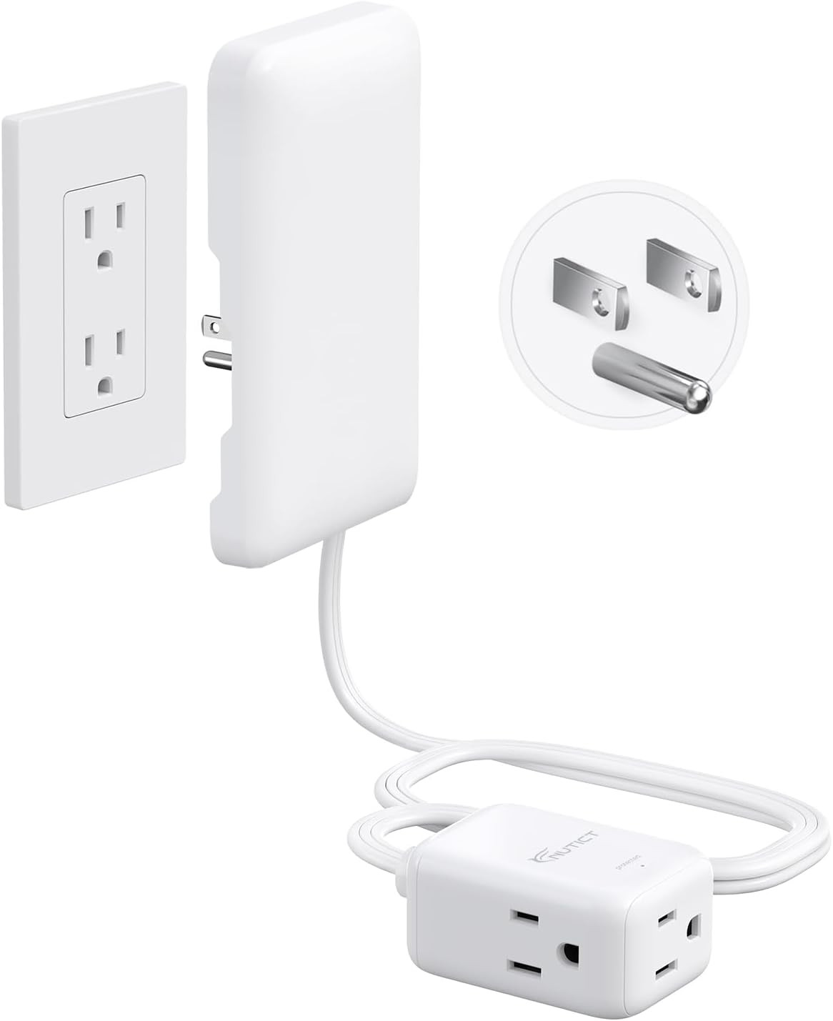 3Ft Flat Extension Cord with 3 Outlets, Flat Wall Plug & Flush Outlet Cover, 900