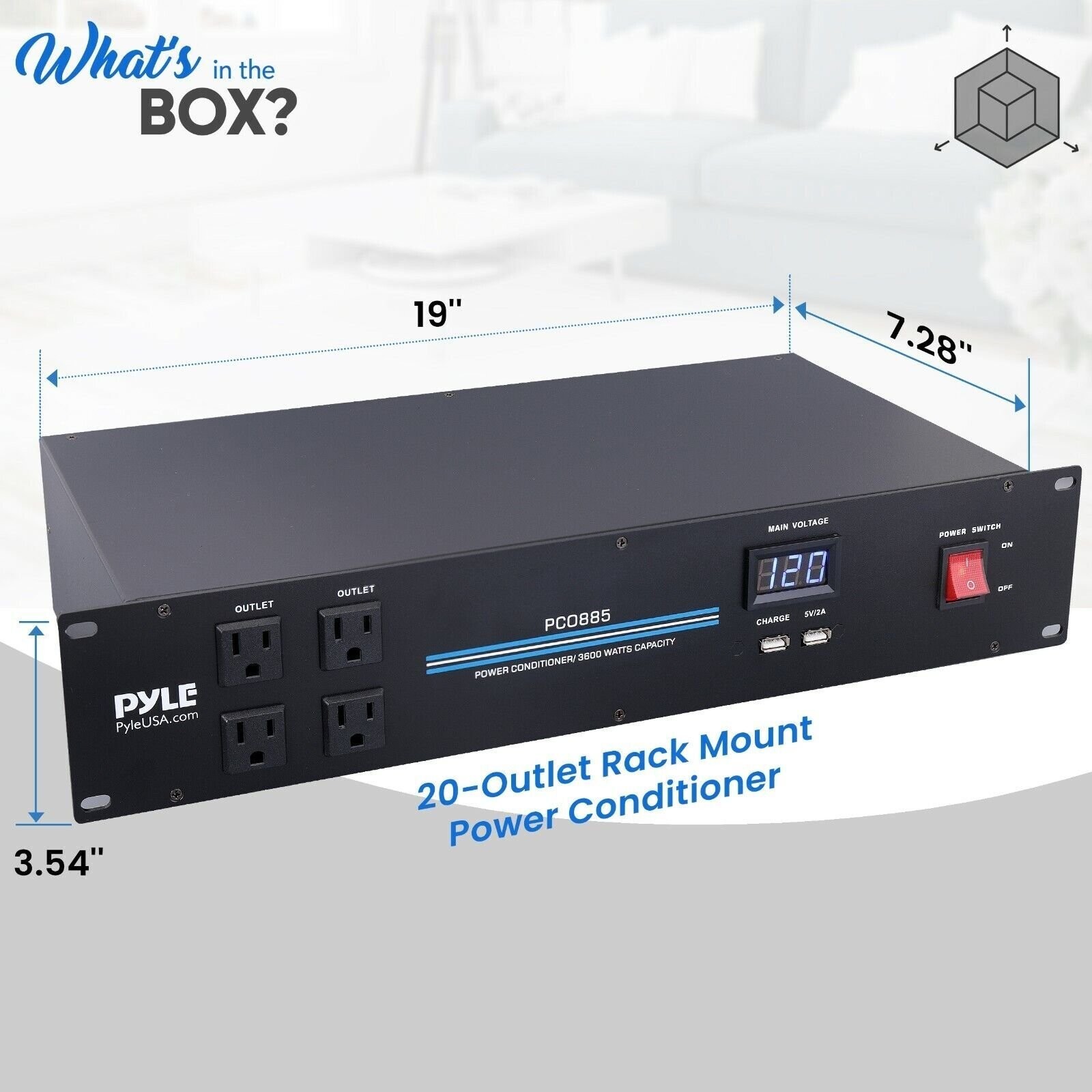 Pyle 19″ Rack Mount Power Supply USB Chargeport 20 Outlets 3600 Watt 120V