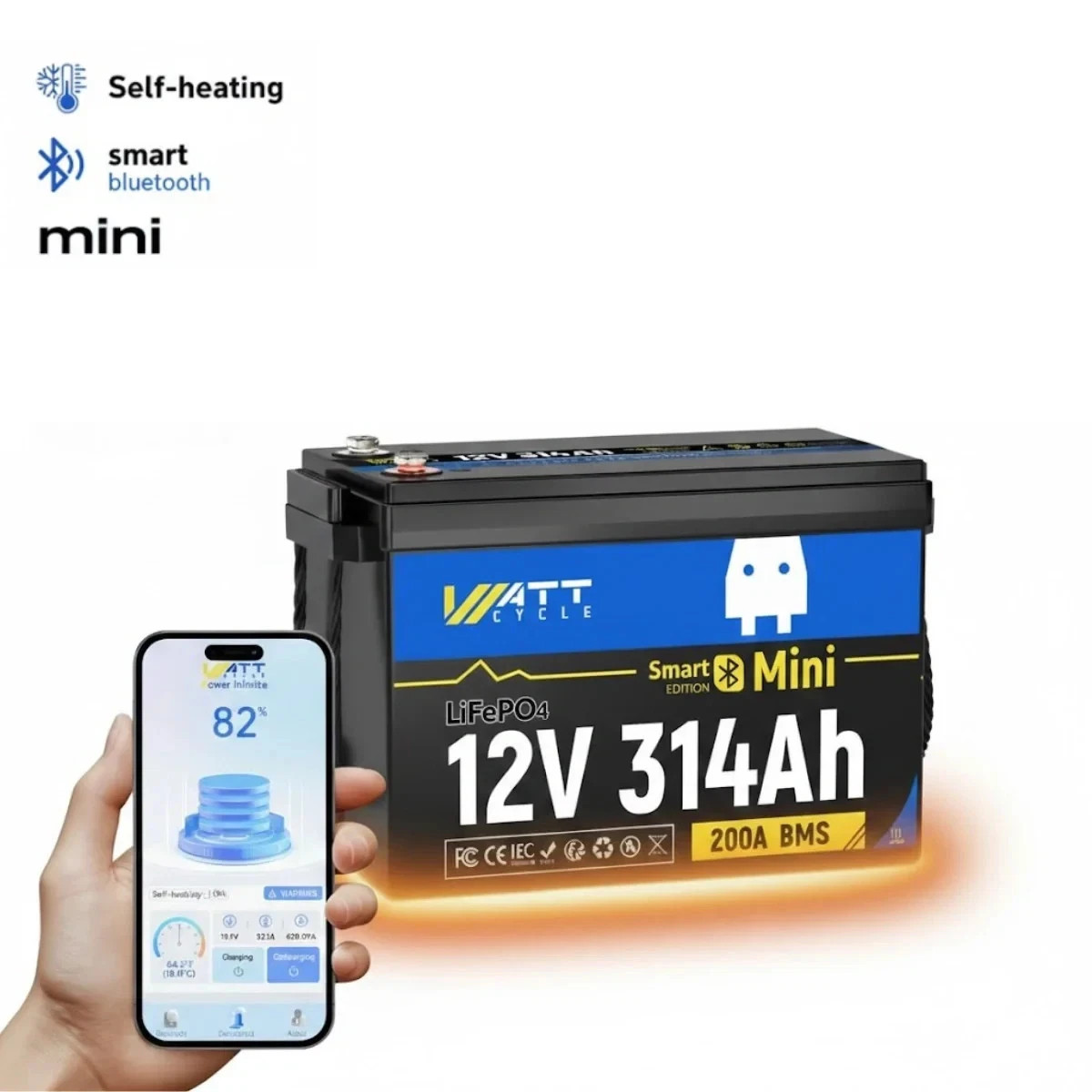 WattCycle 12V 314Ah 300Ah LiFePO4 Battery Deep Cycle Self-Heating for RV Solar