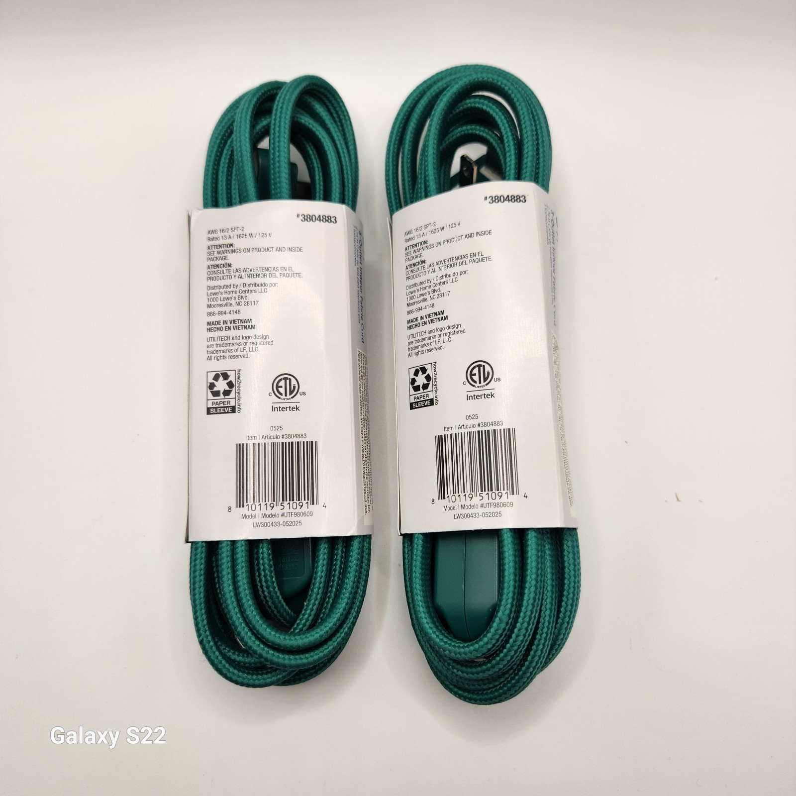 2 Utilitech 9-FT, Extension Cord 3-Outlet Green Fabric Right Angle plug