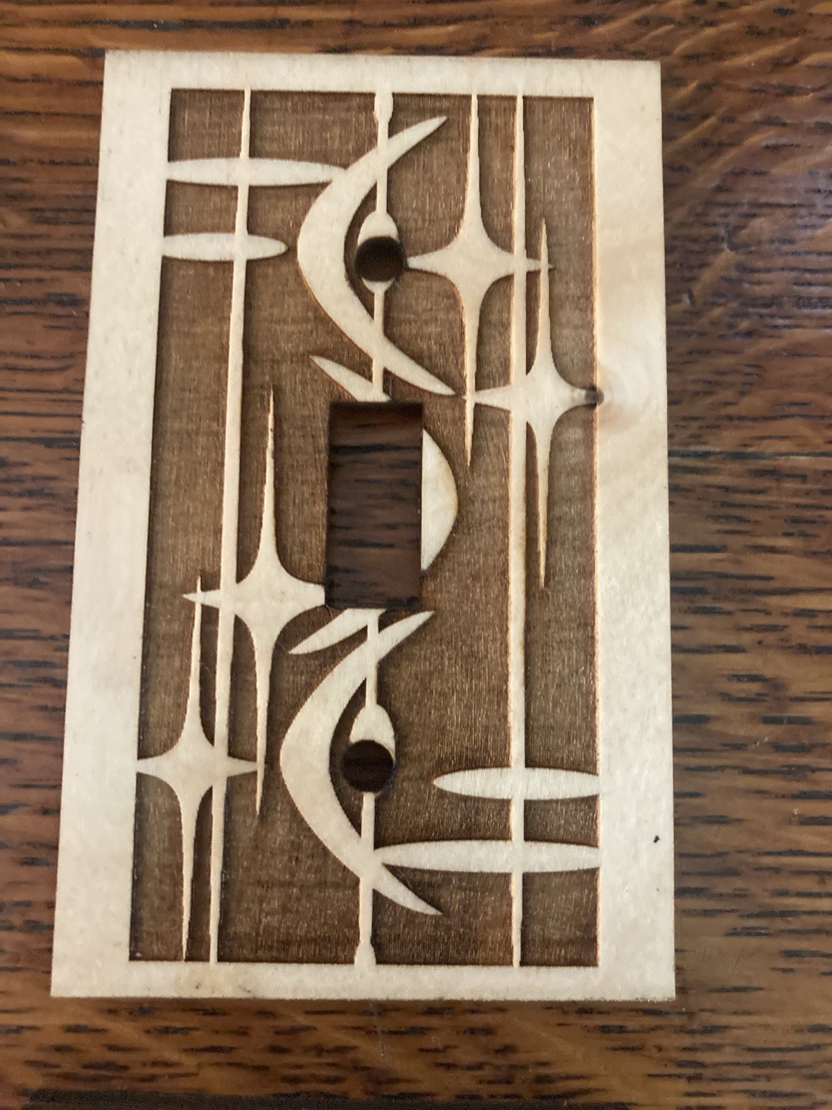 Mid-Century Modern Inspired Switch Plate Cover In Maple Ply Crescent And Star