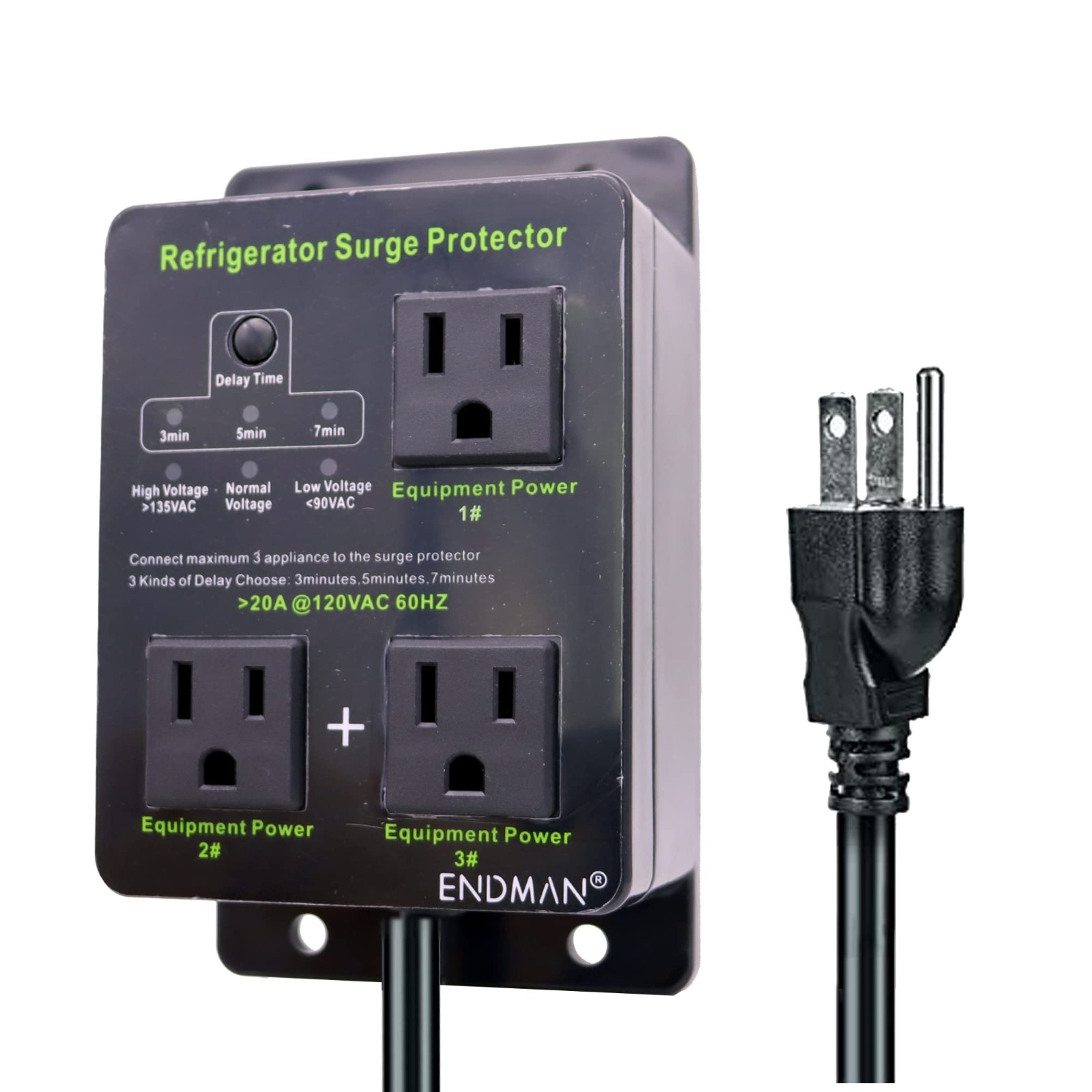 Surge Protector for Refrigerators – 3 Outlet Voltage Guard with Time Delay, Brow