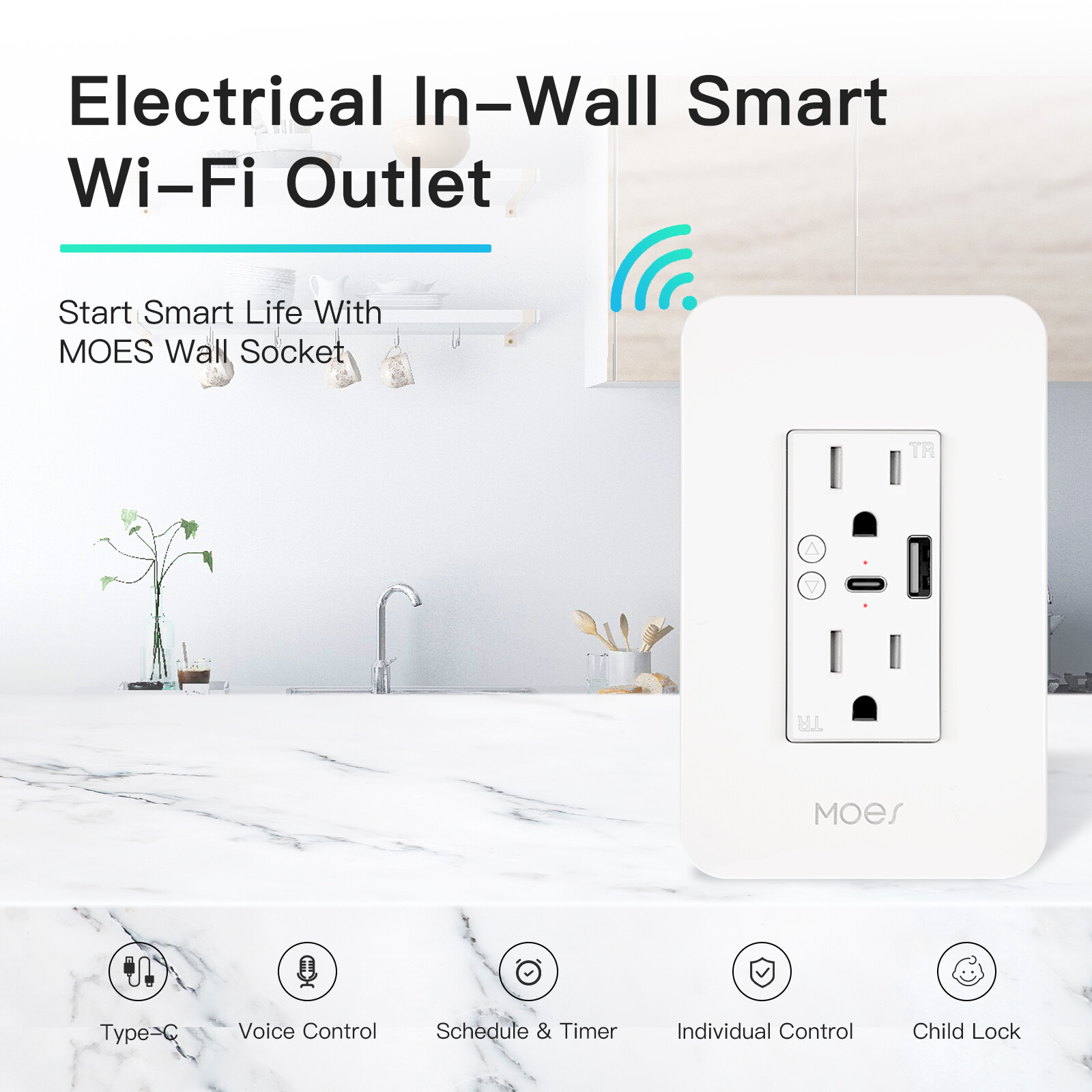 MOES WiFi Smart Wall Outlet Receptacle 15A USB Type C/A Socket Alexa Google APP