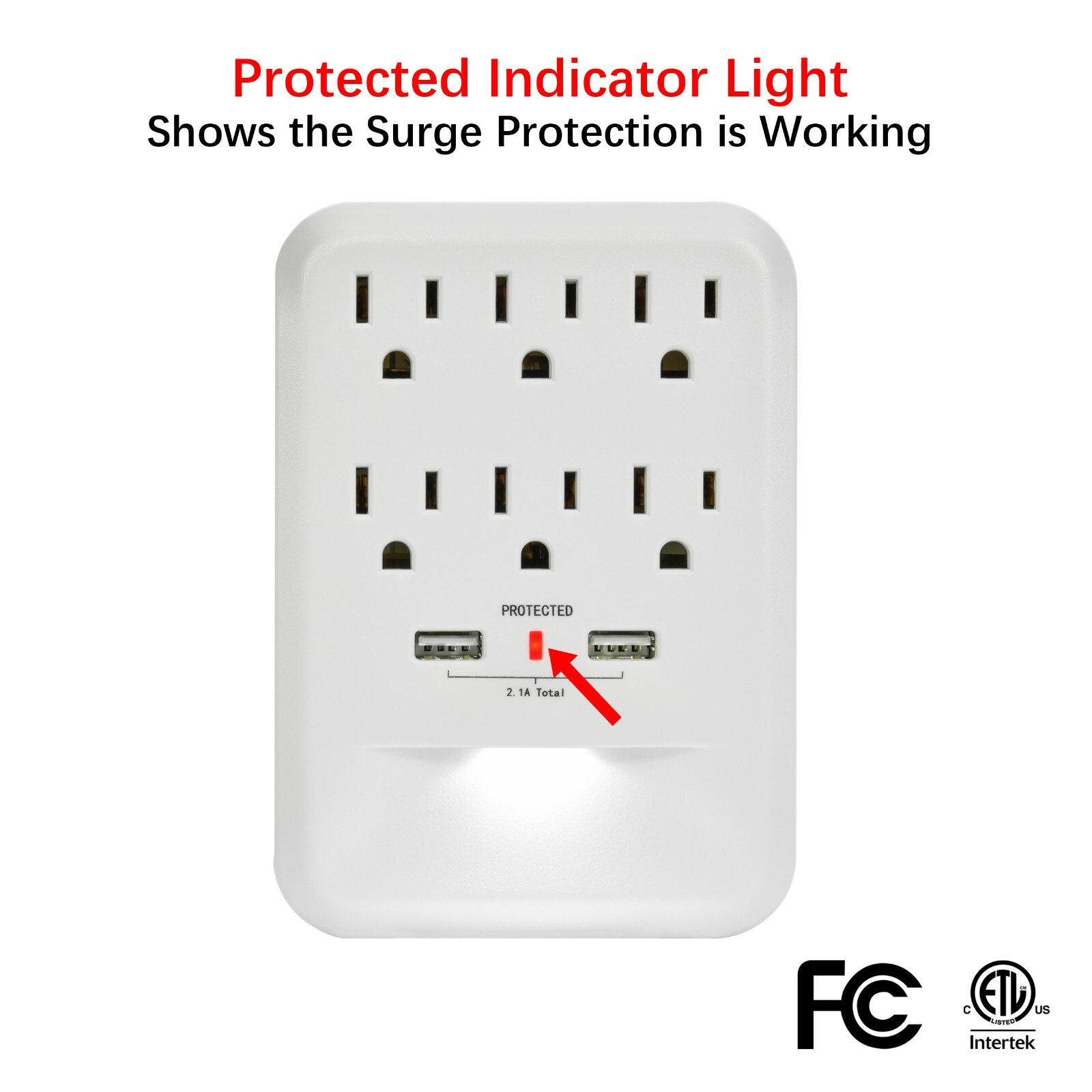CP (2-Pack) 6-Outlet 600 Joule Wall-Tap w/ 2 USB-A & Nightlight, CP30005