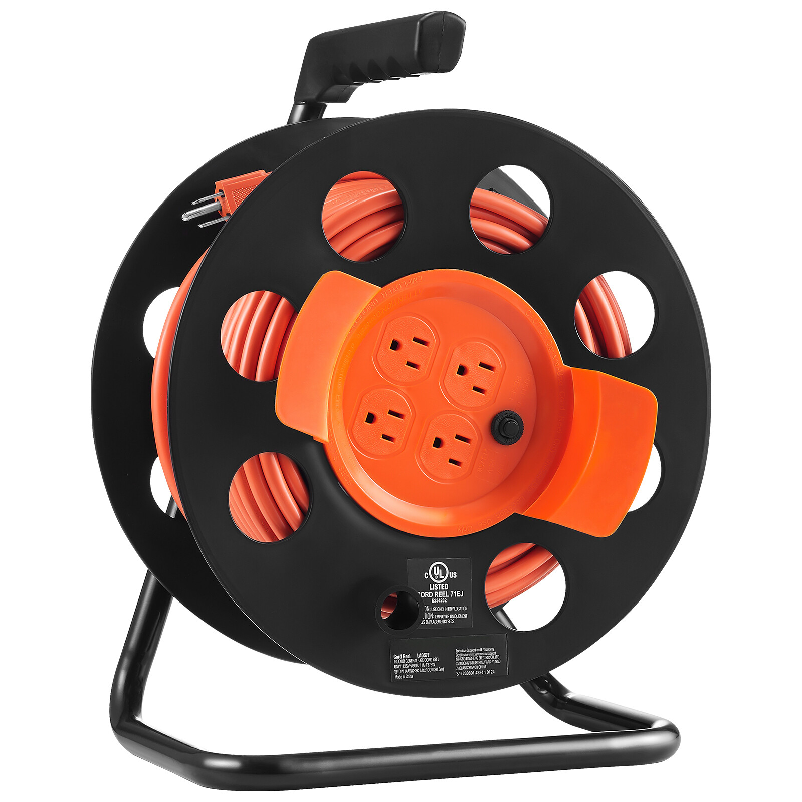 Extension Cord Reel 100FT with 4 Outlets 14AWG SJTOW Manual Cord Reel