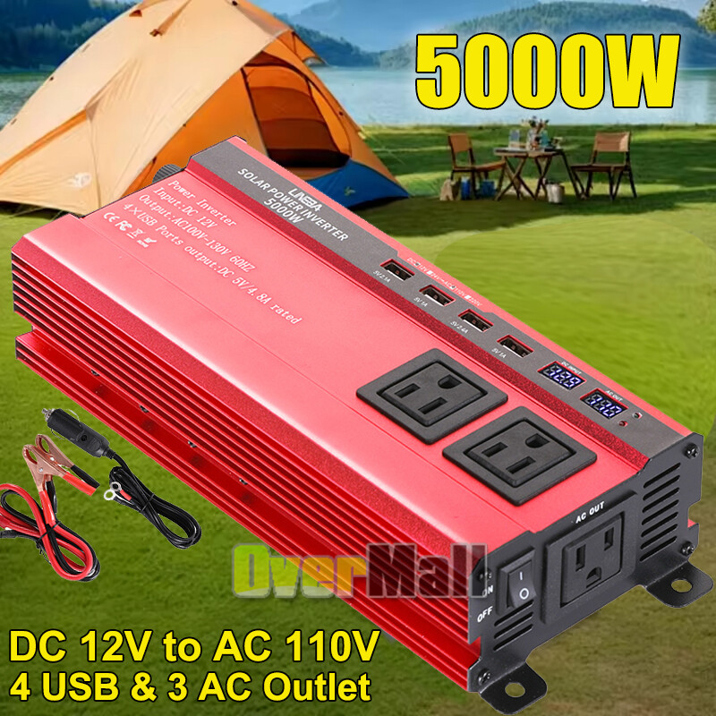 5000W 2500W Power Inverter DC 12V to AC 110V Car Van Converter USB 3Sockets Trip