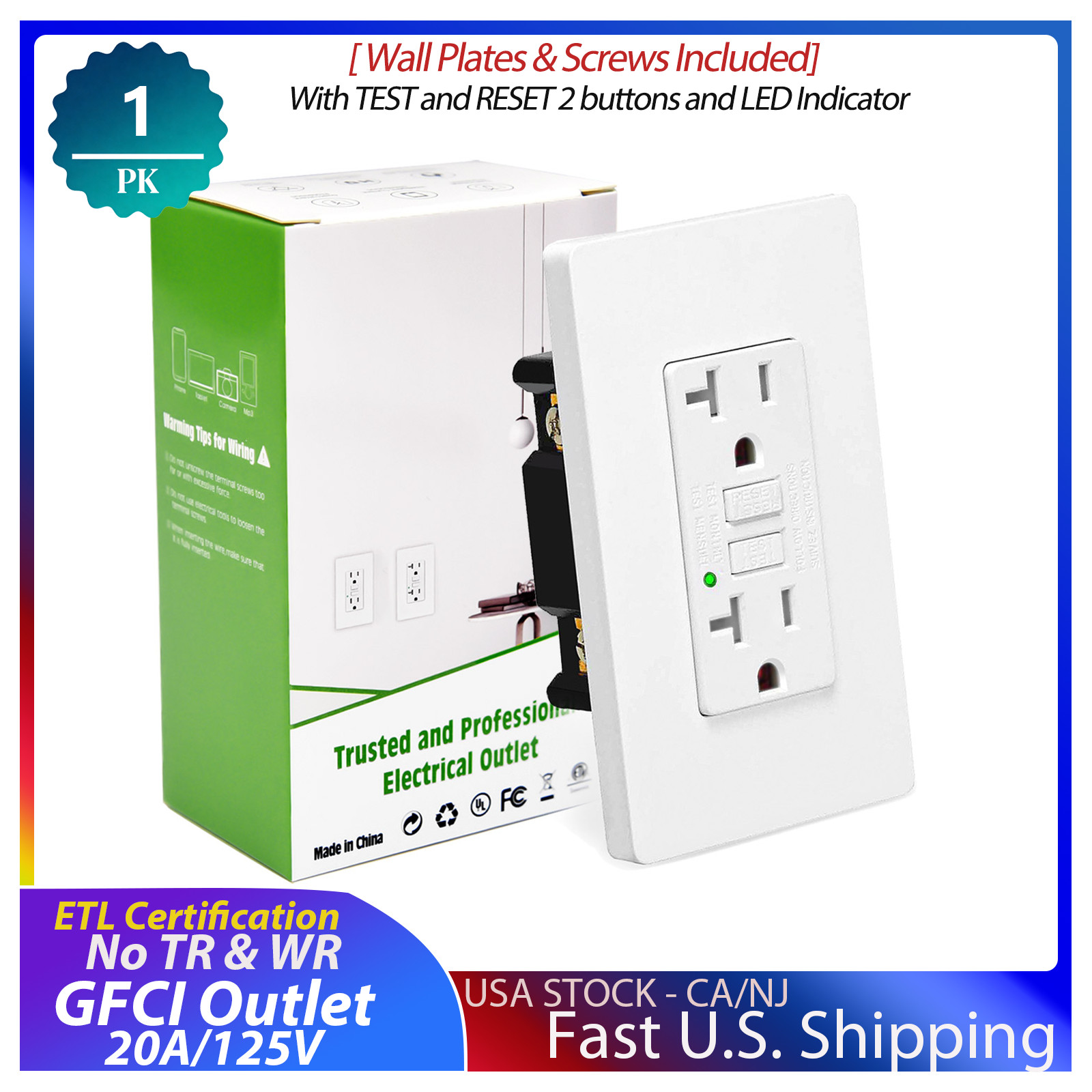 1 PK GFCI Non-TR Outlet 20Amp Ground Fault Receptacle,LED Indicator,w/wall Plate