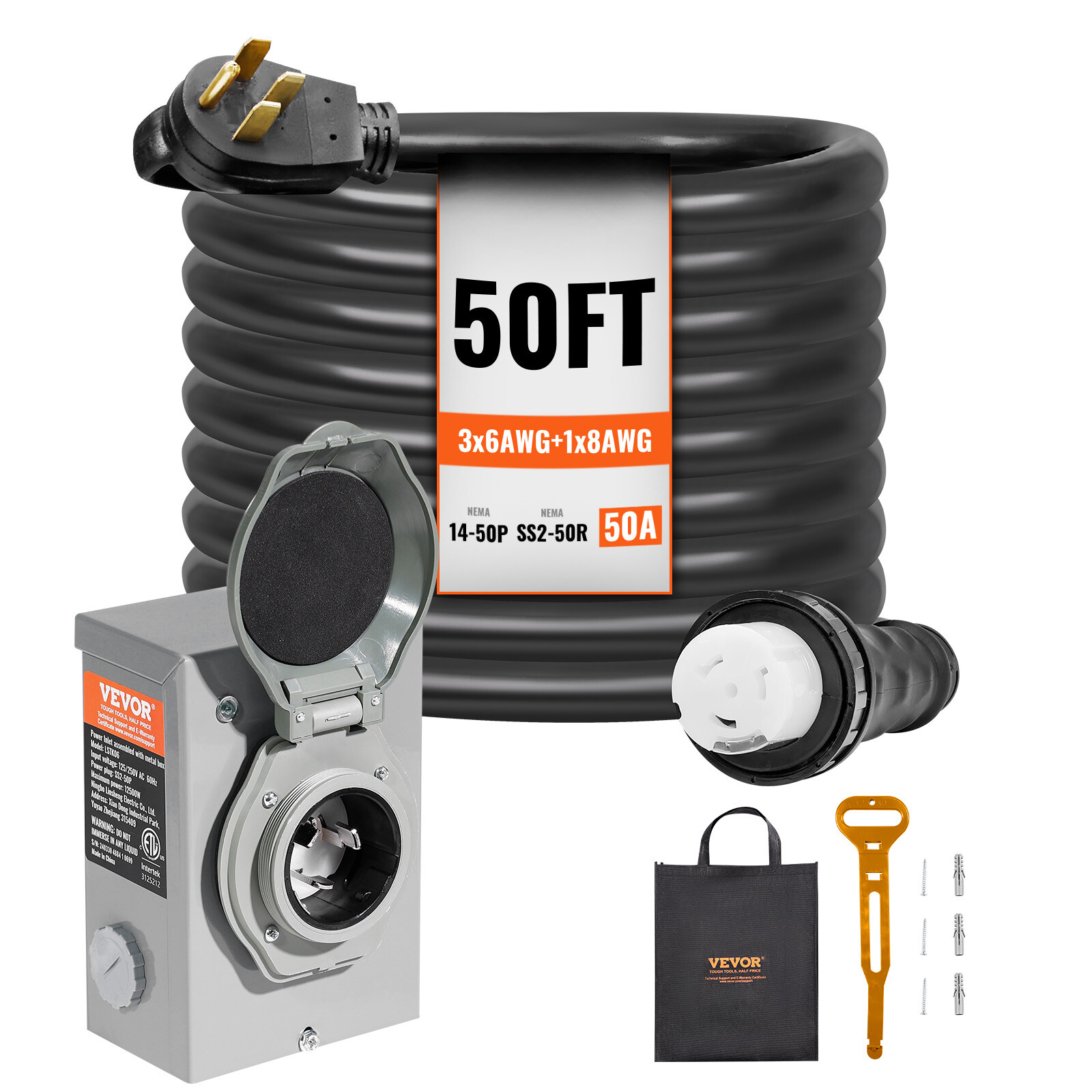 VEVOR 50 Amp Generator Cord and Power Inlet Box 50FT NEMA 14-50P/SS2-50R STW