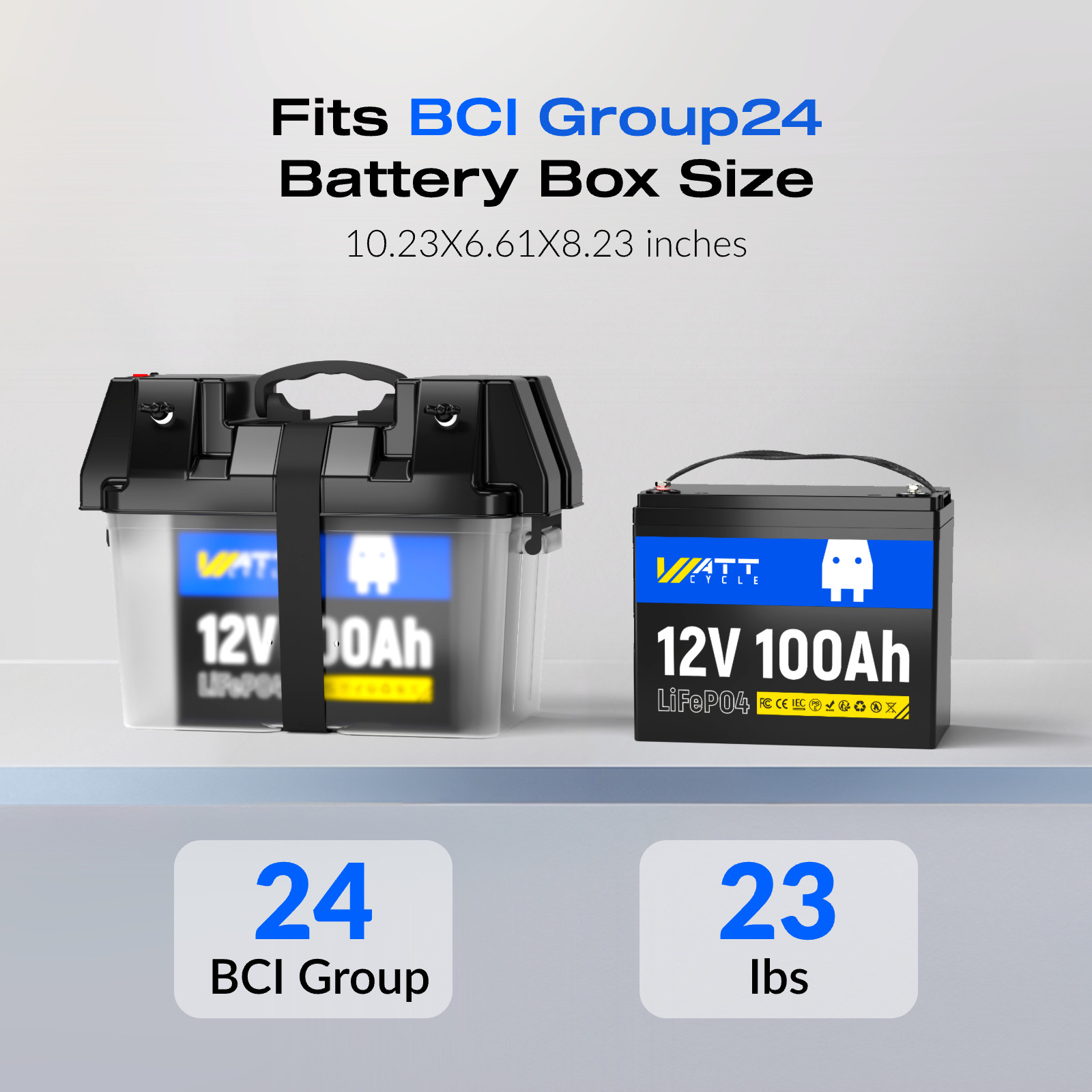 WattCycle 12V 100Ah 100A BMS Group 24 LiFePO4 Lithium Mini Battery RV Camping