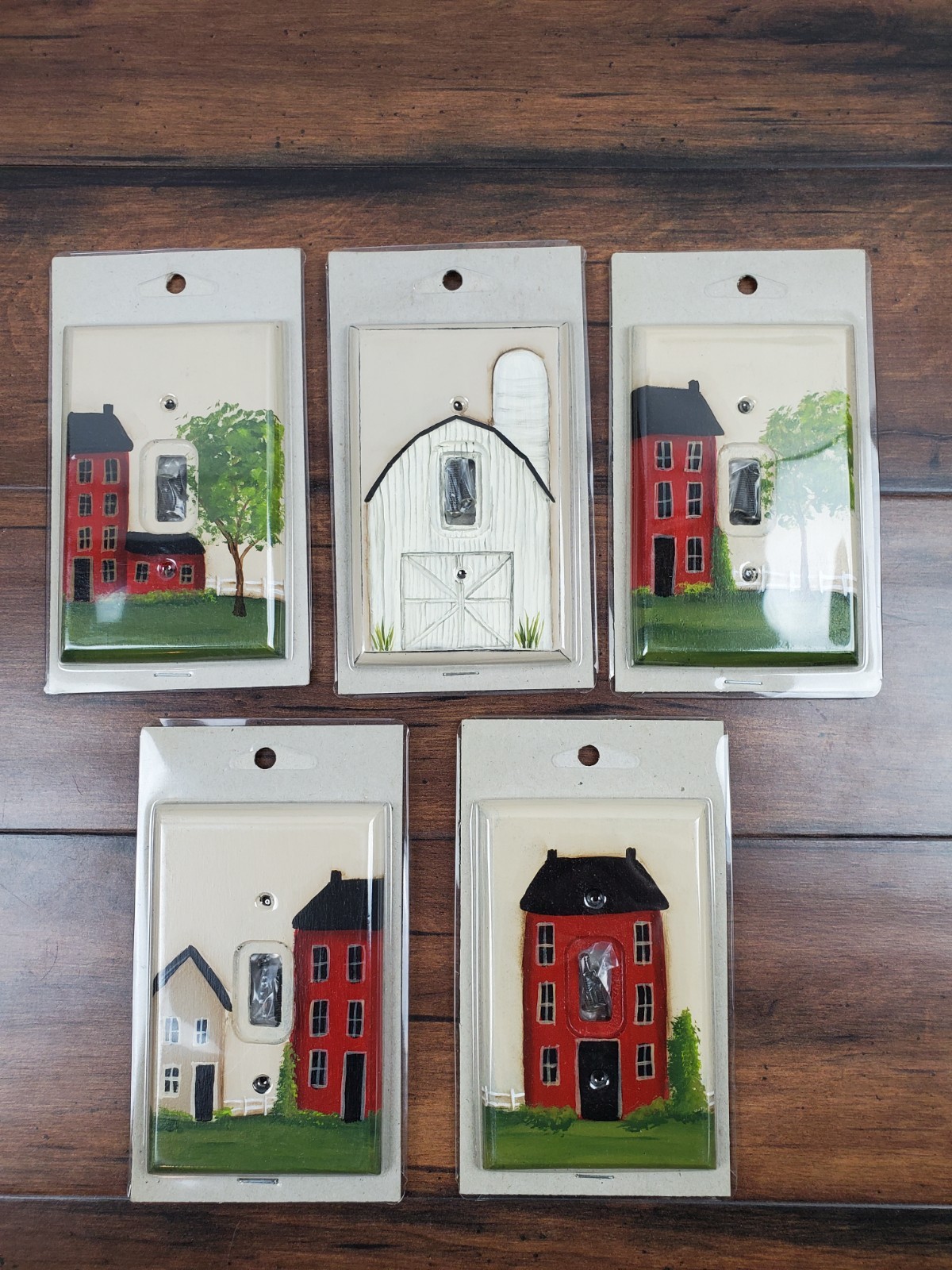 Vtg Hand Painted Rustic Wood Lightswitch Cover Lot w/ Hardware Country Barn Farm