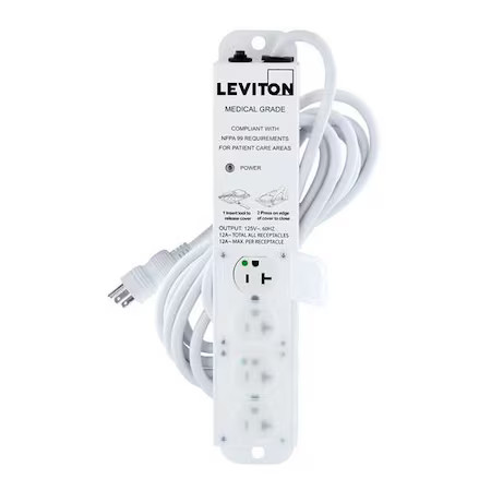 Leviton 5304M-2N5 Outlet Strip, Medical Grade, 4 5-20R, 5-20P, 15 Ft., White