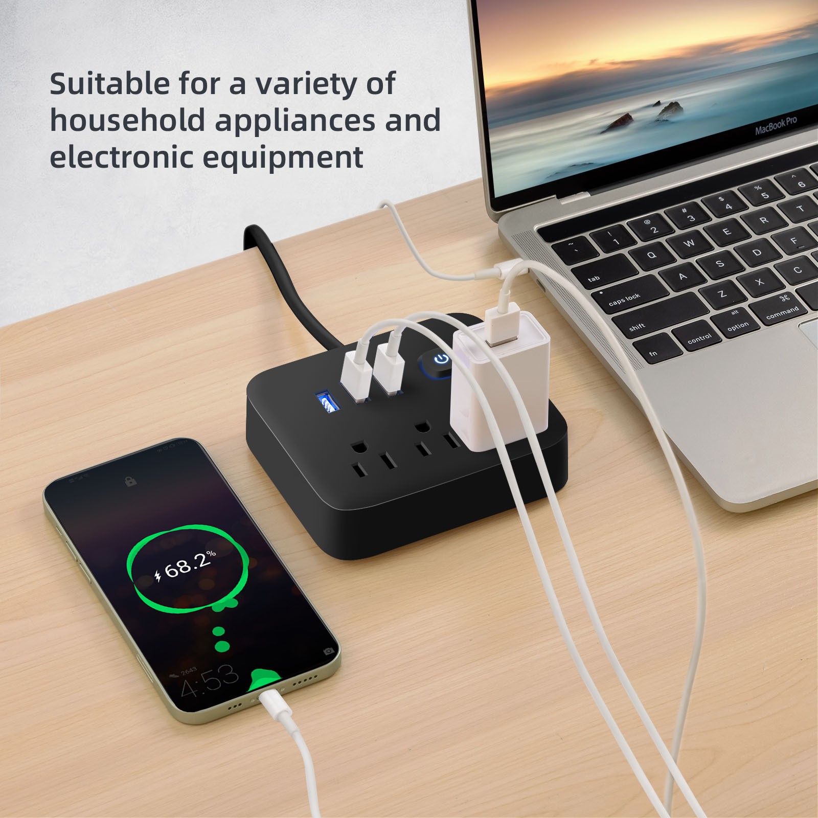 Flat Plug Strip 6 AC Outlets 3 USB Charging Ports 900J Surge Protector 4Ft Cord