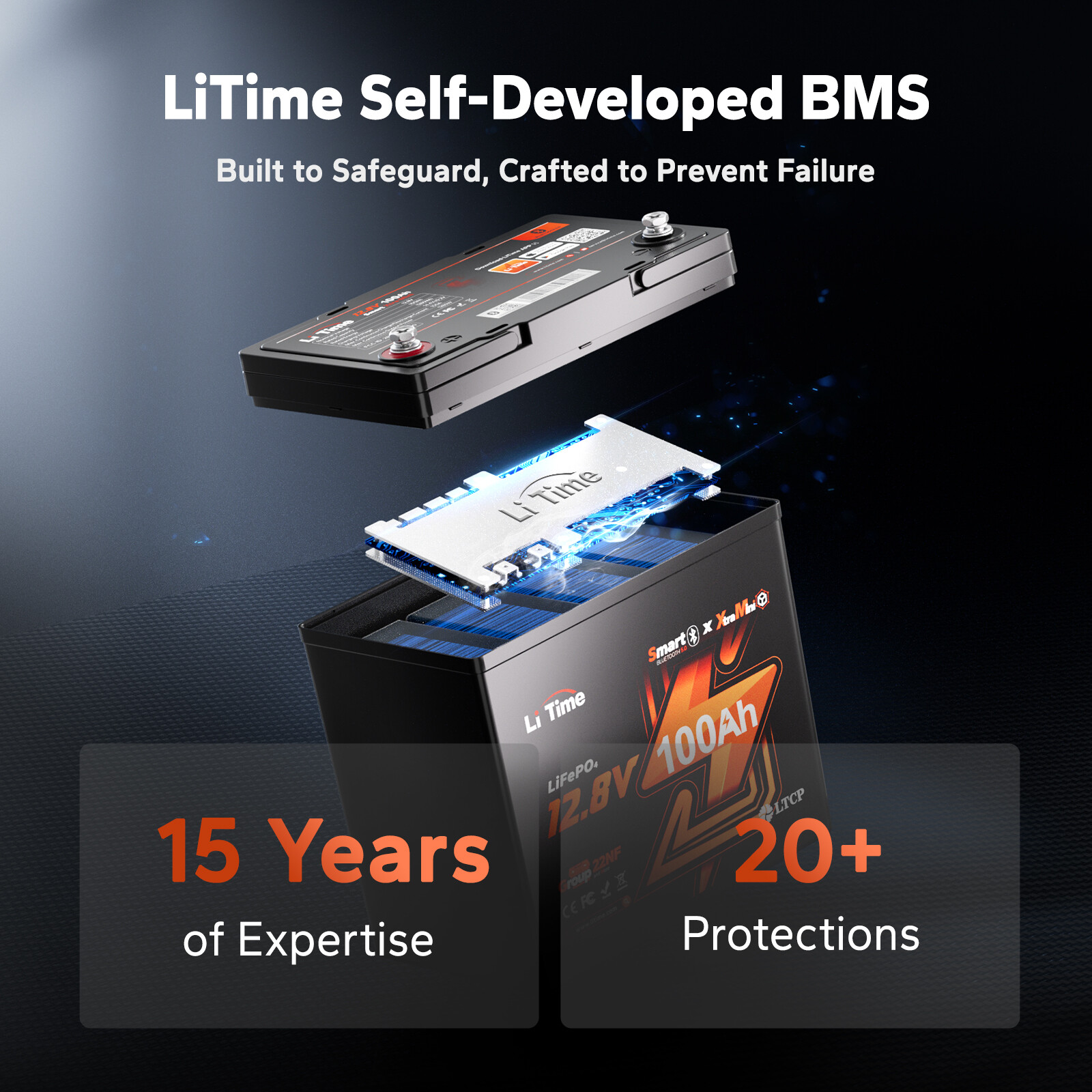 LiTime 12V 100Ah Xtra-Mini Bluetooth Small Lithium LiFePO4 Battery for RV Marine
