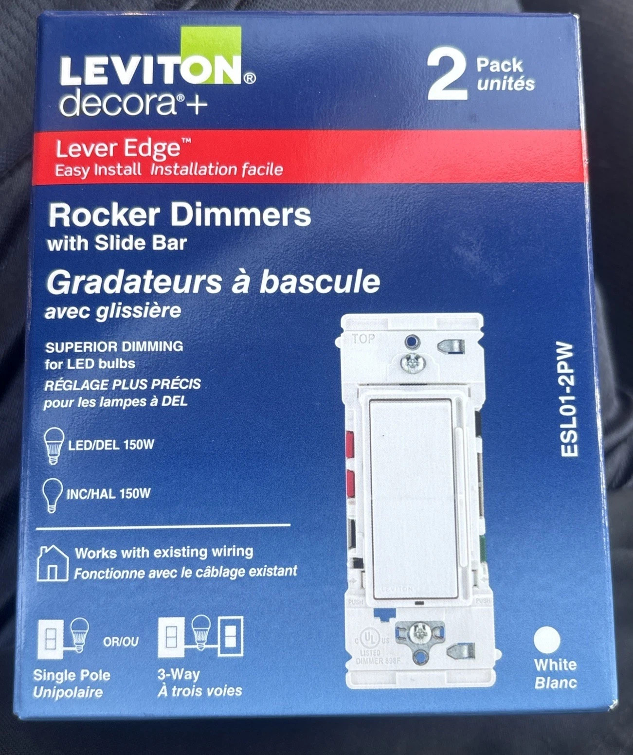 Leviton ESL01-2PW Decora Lever Edge Push Click Rocker Dimmer (3x2packs)