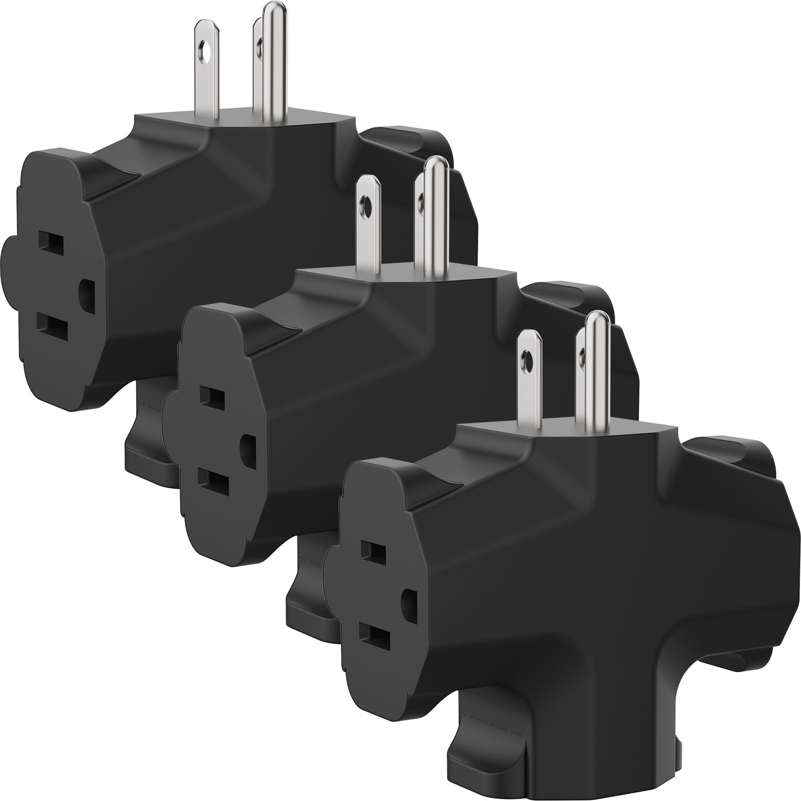 PLUGTUL 3 Way Plug Adapter 3 Prong Grounded 15A 1875W Black 3PACK ETL Listed