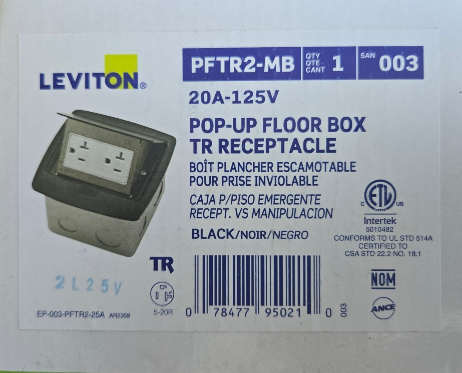 Leviton Pop-Up Floor Box with 20 Amp, Tamper-Resistant Outlet, Black NEW