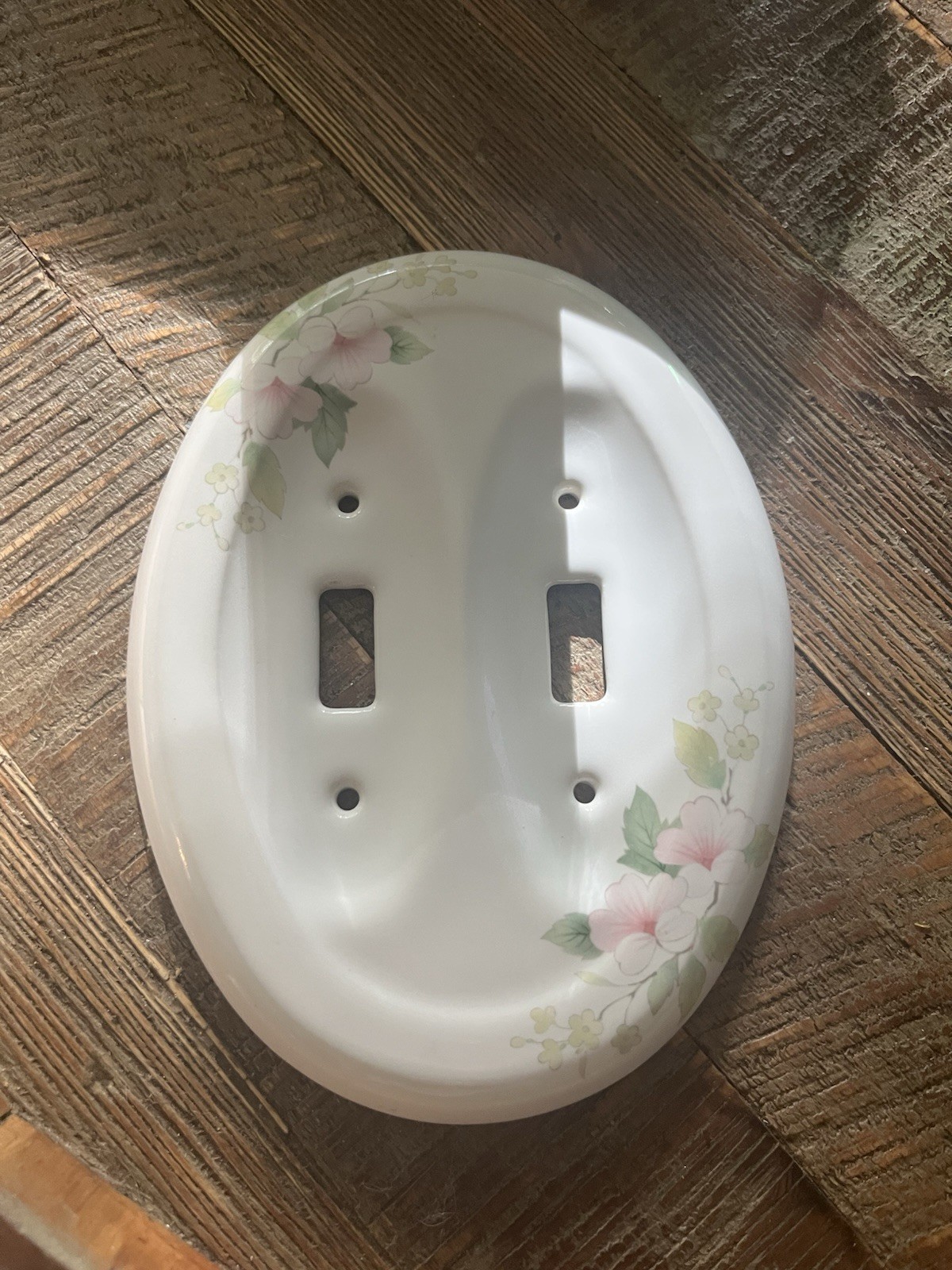 Oval 2-Gang Double Toggle Wall Plate Floral White/Pink/Green Gloss Ceramic