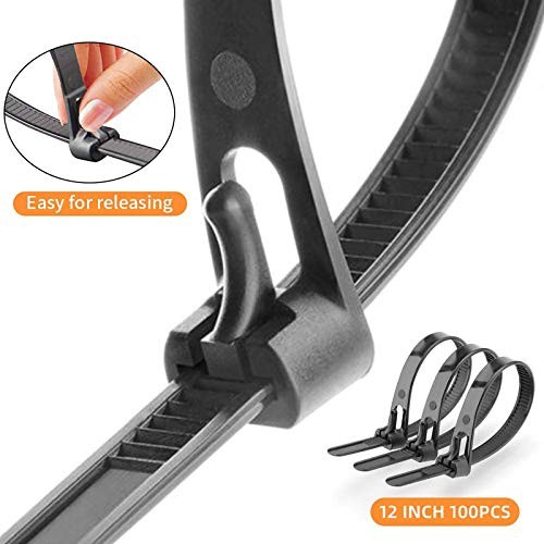 Releasable Reusable Zip Ties 100 Pack 12 Inch Heavy Duty 12inch（w:0.3in) Black