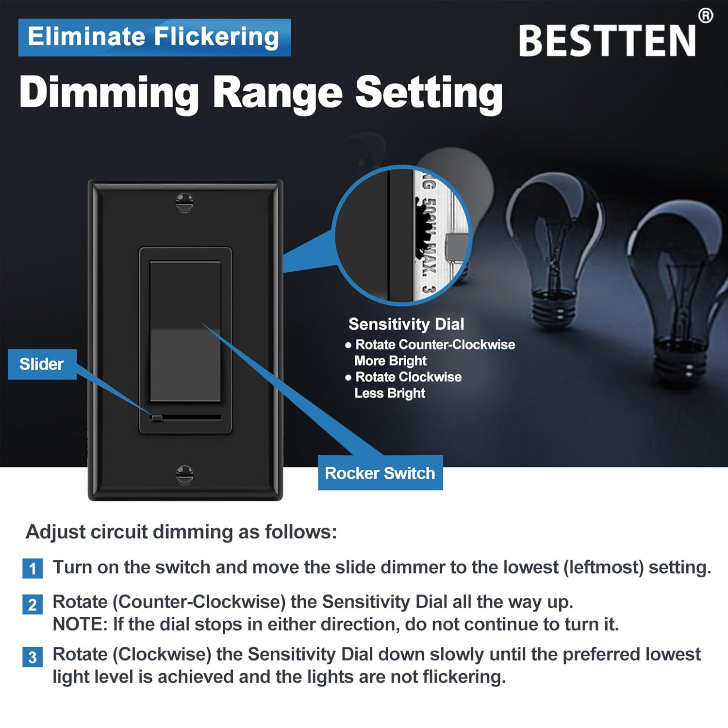 10 Pack Dimmer Wall Light Switch, Compatible with Dimmable LED, CFL, Incandescen