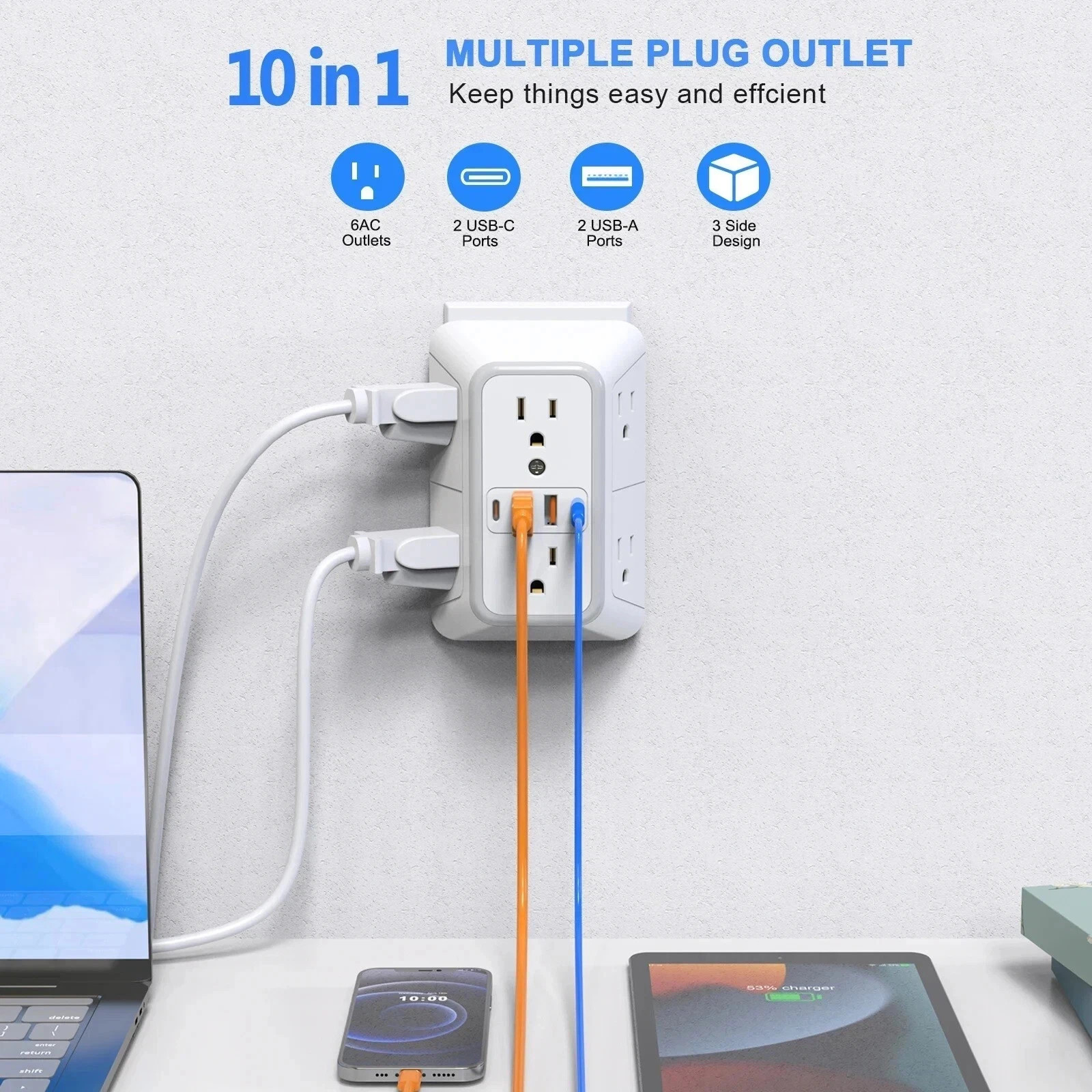 US Multi Socket Wall 6 AC Outlets 4 USB Port, 2 Type C Universal Plug Charger