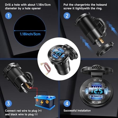 2V USB Charger with 4 Ports, Upgraded Aluminum Alloy Car Outlet with LED 1