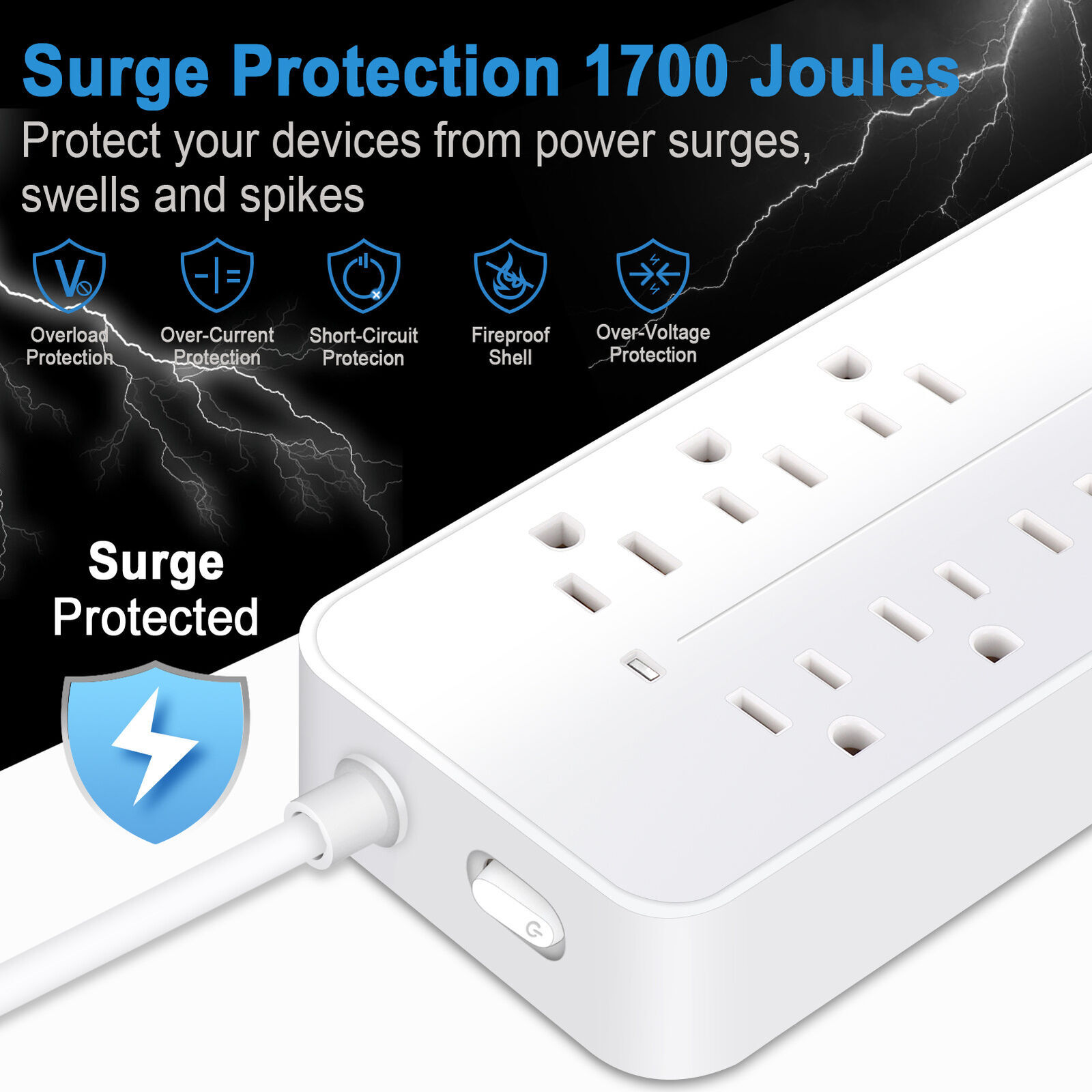 US Power Strip Surge Protector 8 AC Outlets 3 USB Ports + Type C Port 4 FT Cable