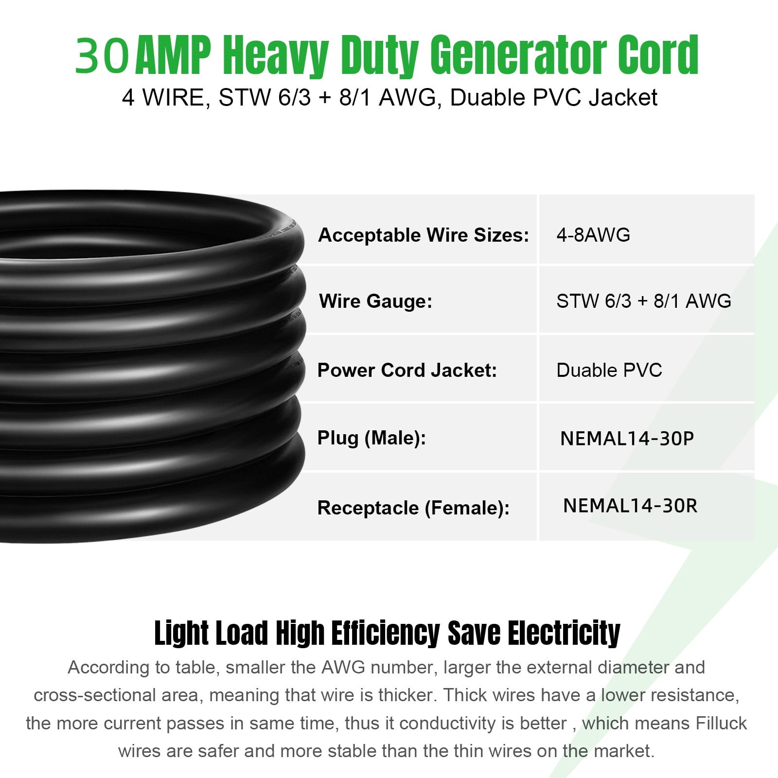 Heavy Duty 30A 20FT Generator Extension Cord with Box L14-30P to L14-30R