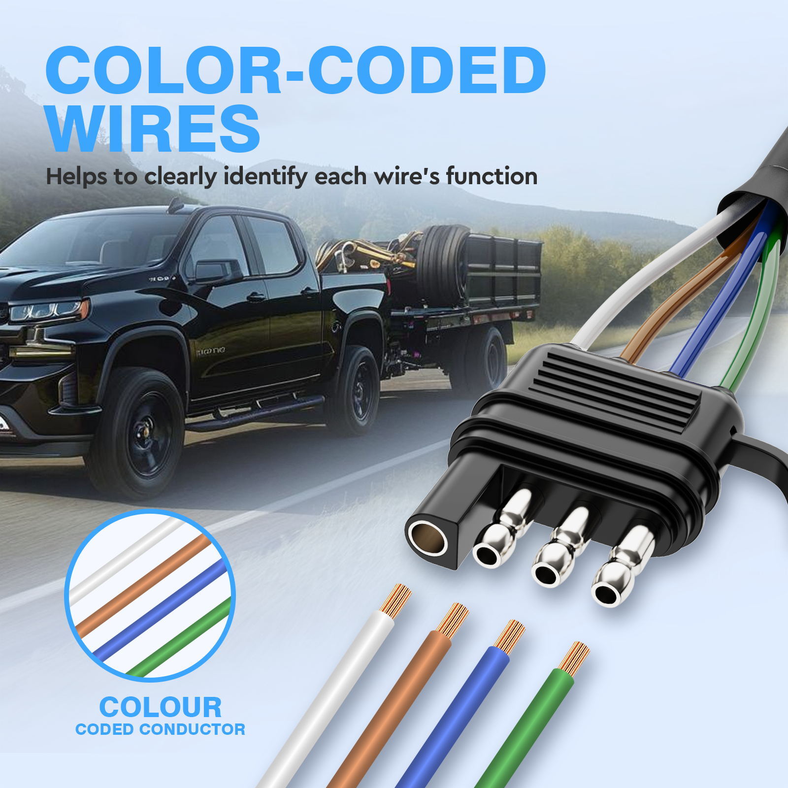 MICTUNING 4 Pin Flat Trailer Extension Cable 12inch 4 Way Connector Trailer-Side