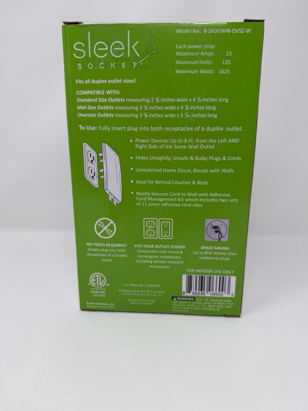 Sleek Socket Original and Patented Flat Ultra-Thin Outlet Concealer 8ft Dual Two