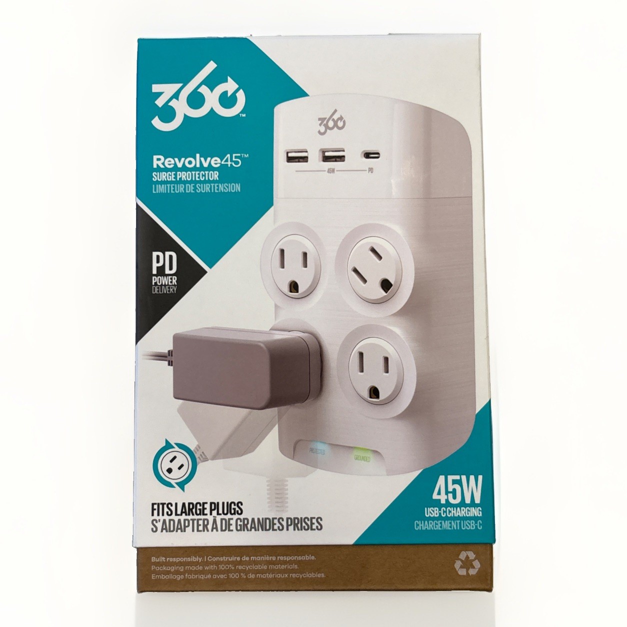 360 Revolve 45W Surge Protector 4 Rotating Outlets 2 USB-A and 1 USB-C Port -NEW
