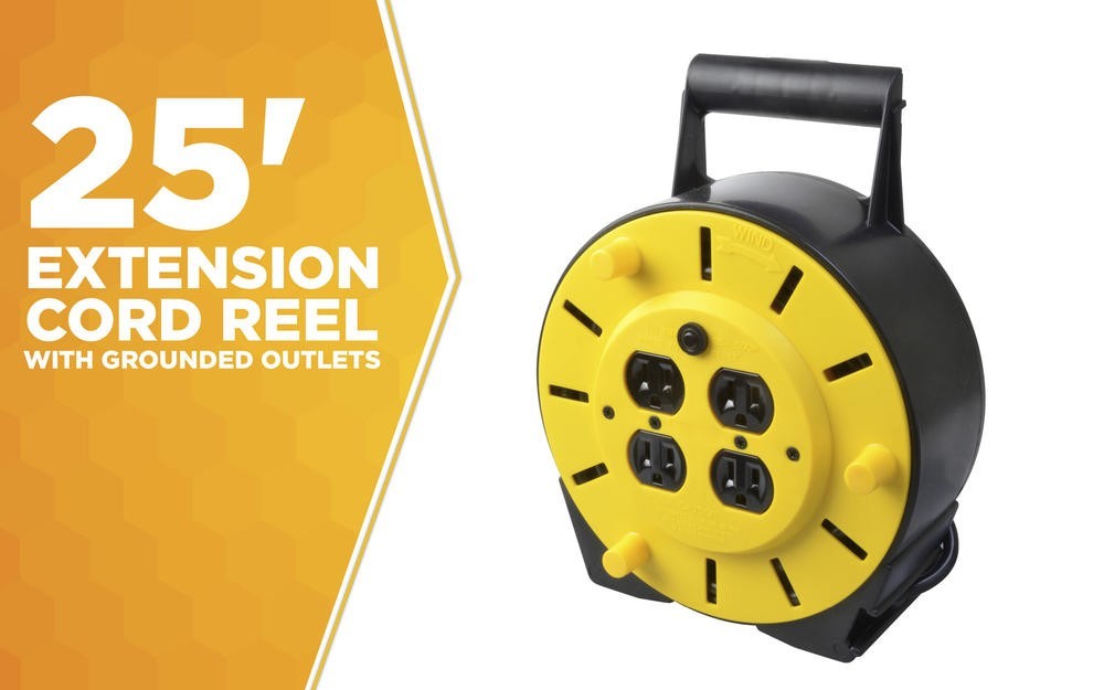 25′ 16/3 4 Outlets Manual Rewind Quad Outlet Extension Cord Reel Power Cable