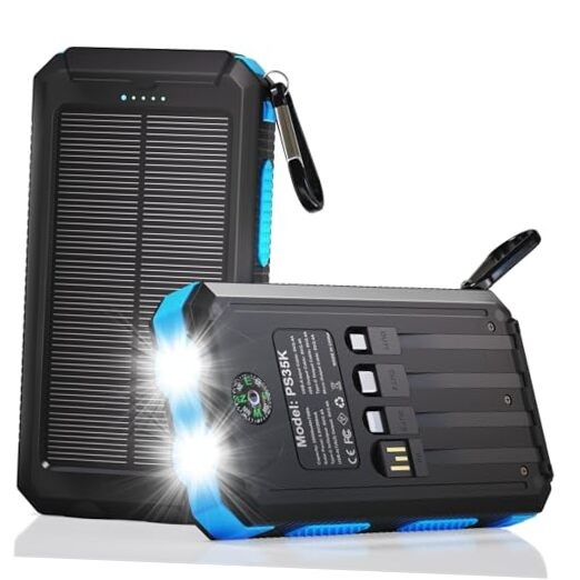 Solar Charger Power Bank 20,000mAh, Portable Charger, 4 Cables 3 Ports Blue