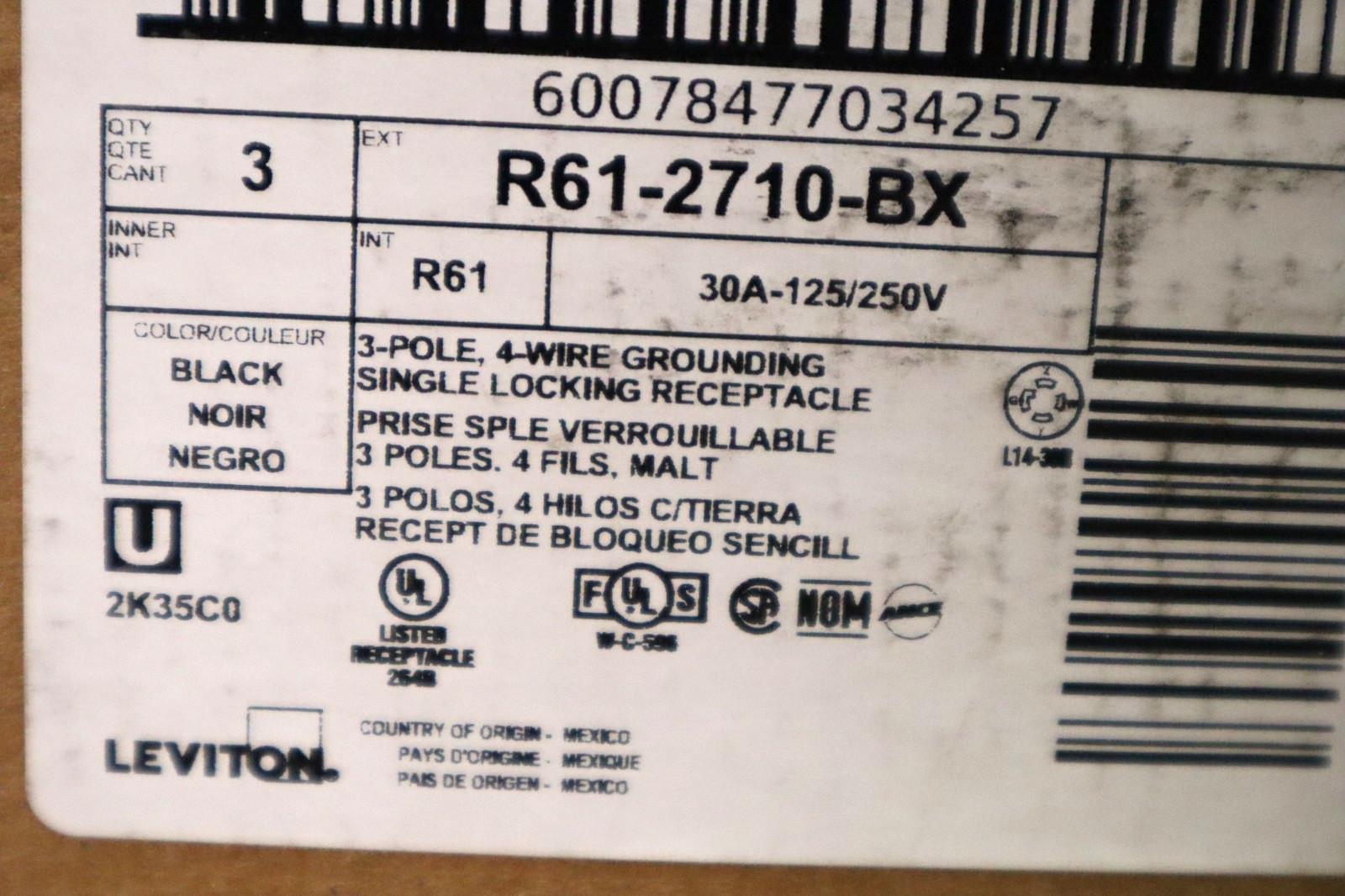Leviton 2710-BX 30 Amp Nylon Locking Single Outlet, Black 125/240V