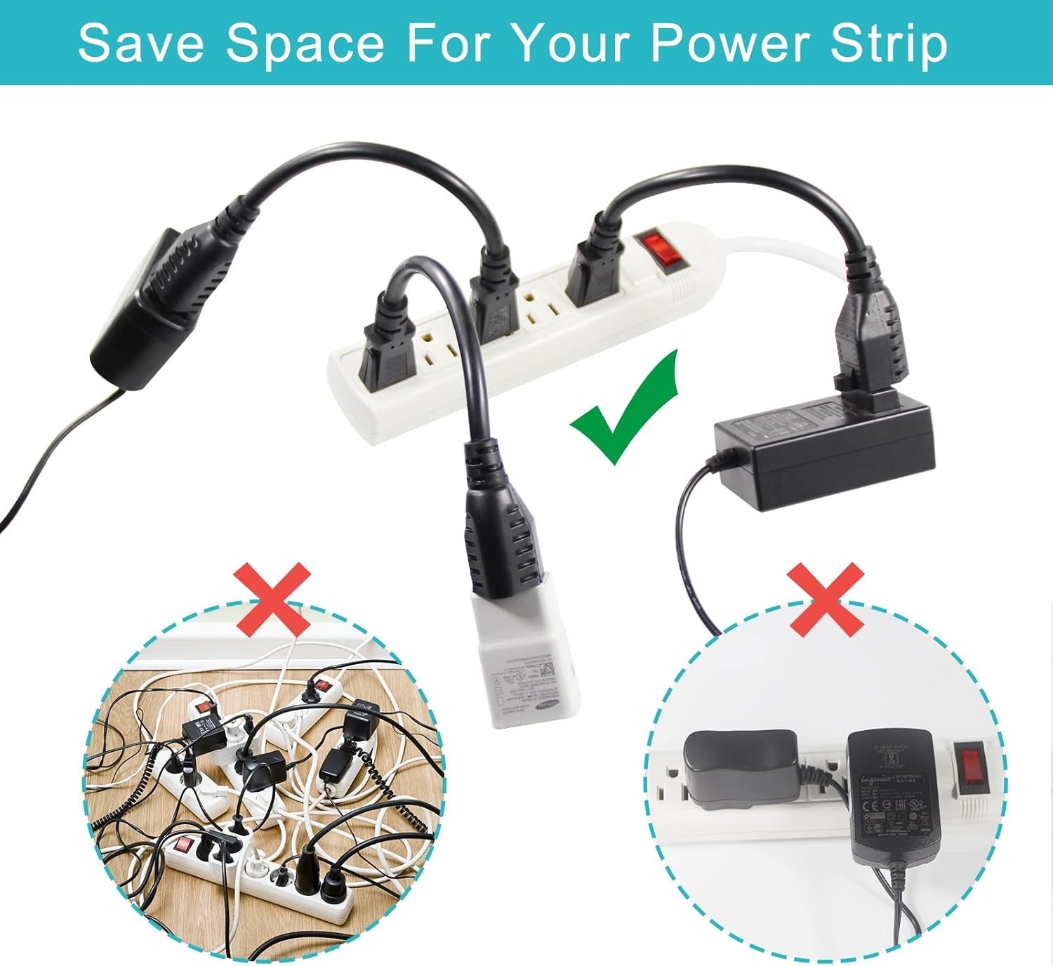 1 Pack 6inch Short Power Extension Cord Black 3 Prong Mini Indoor Grounded Ext