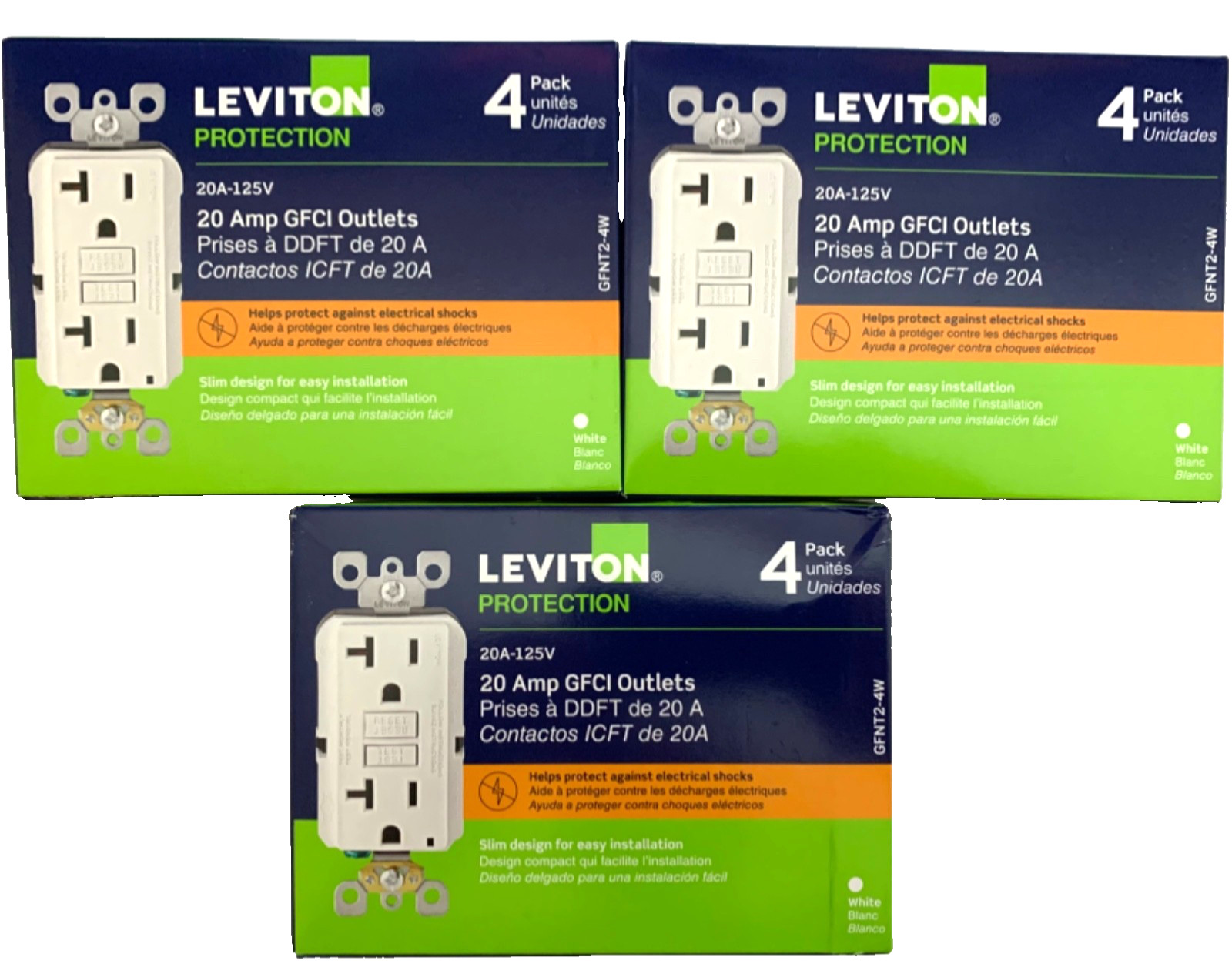 LEVITON (LOT OF 3) (M32-GFNT2-4W) 125V 20A GFCI Outlets (4-Pack) FREE SHIPPING