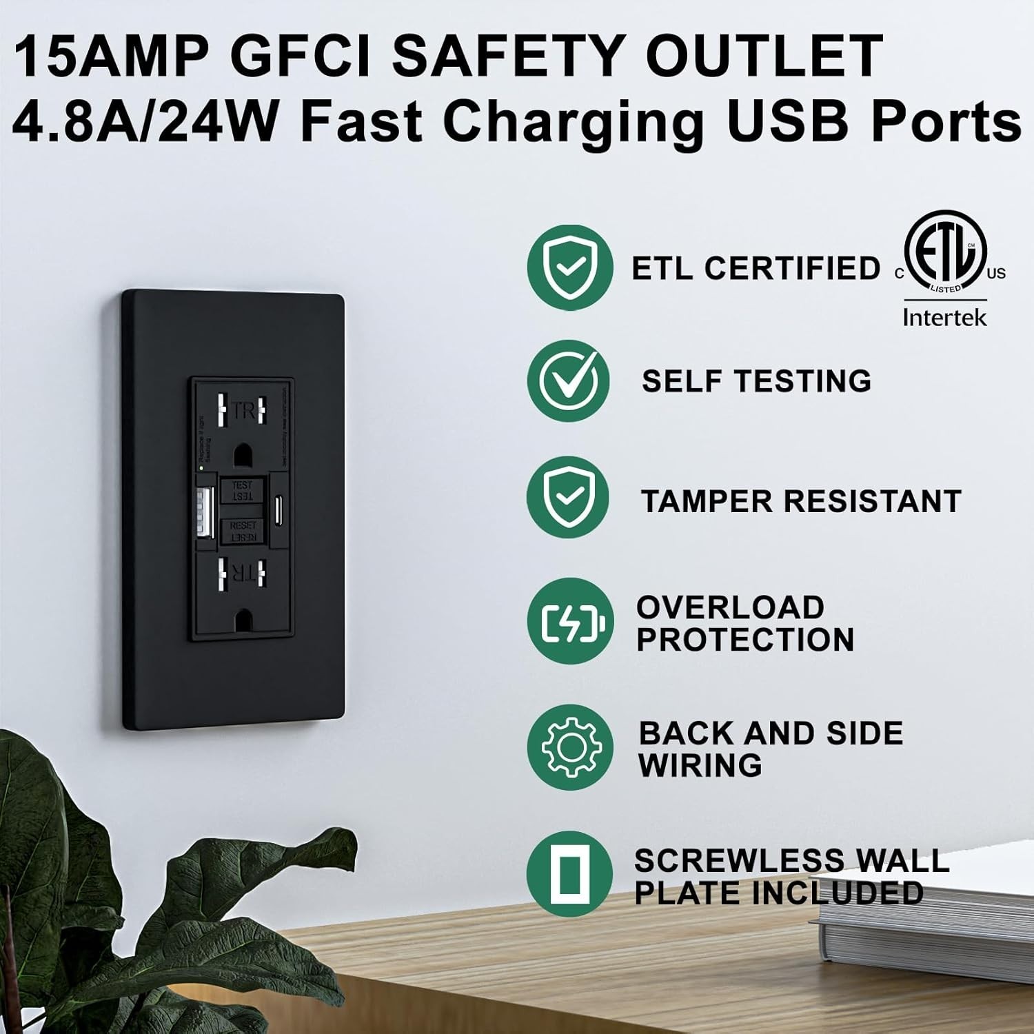 6PACK 15AMP GFCI Outlet with Type A & Type C USB Charging Ports ETL Listed Black