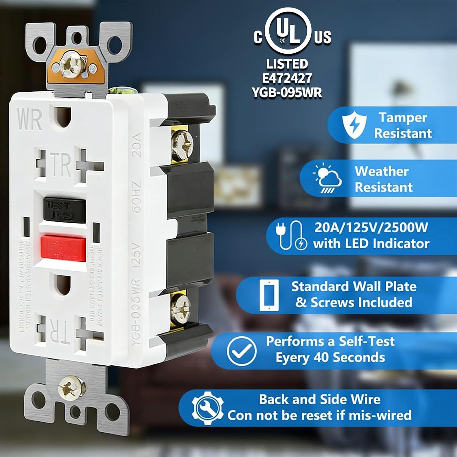 Tamper-Resistant GFCI Outlet – 20 Amp, Listed with Decor Wall Plates Included